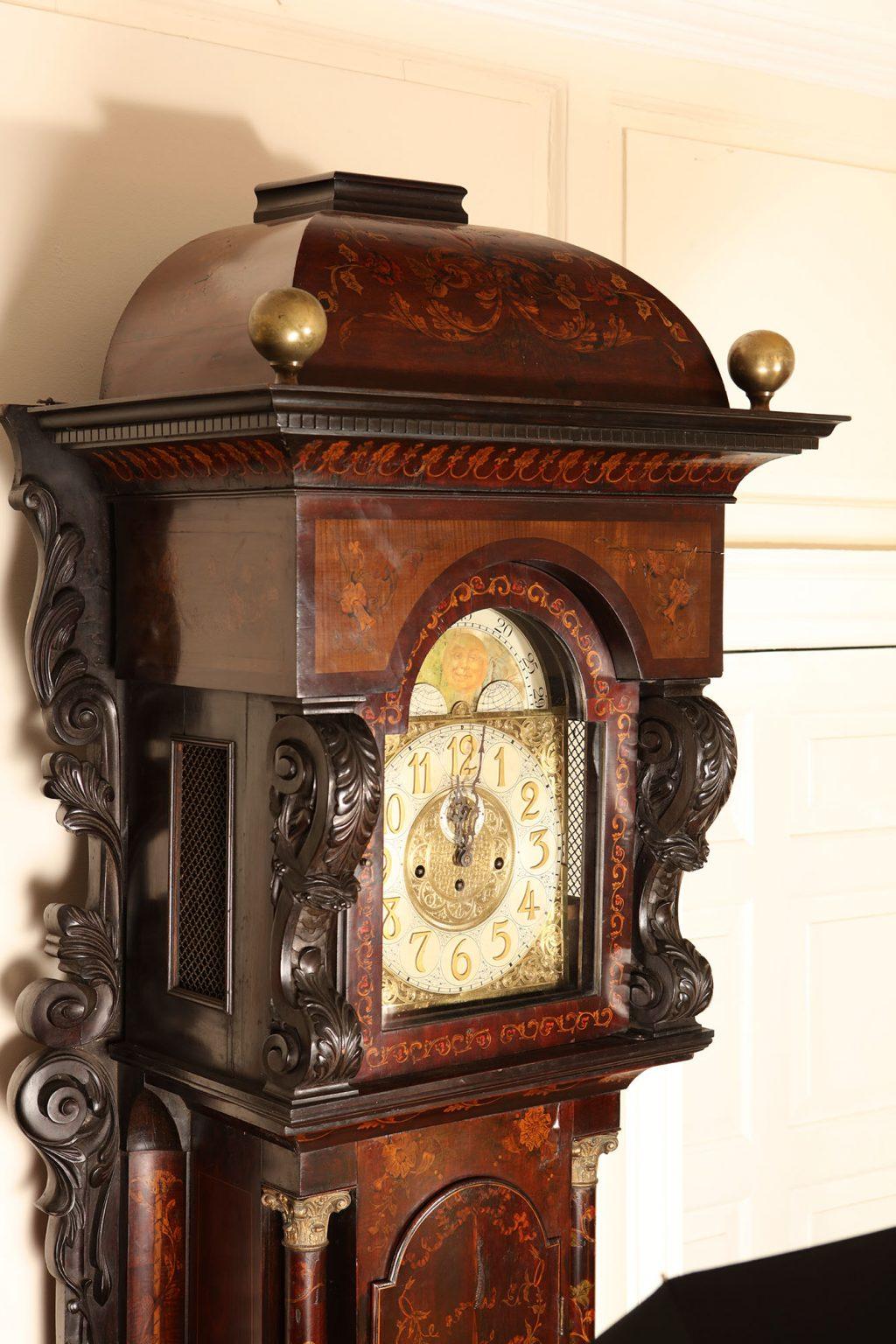 Monumental 3 meter Irish Edwardian Marquetry Longcase Clock In Good Condition In London, by appointment only