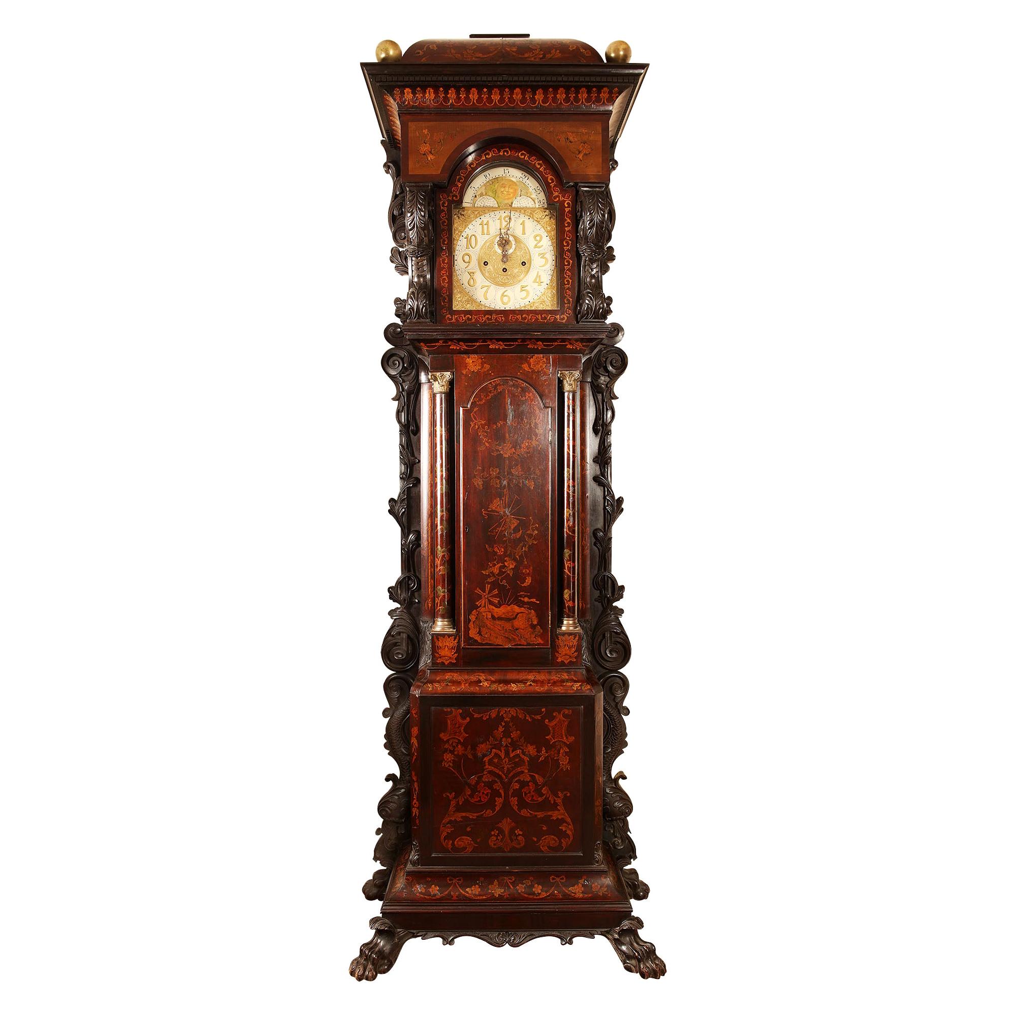 Monumental 3 meter Irish Edwardian Marquetry Longcase Clock