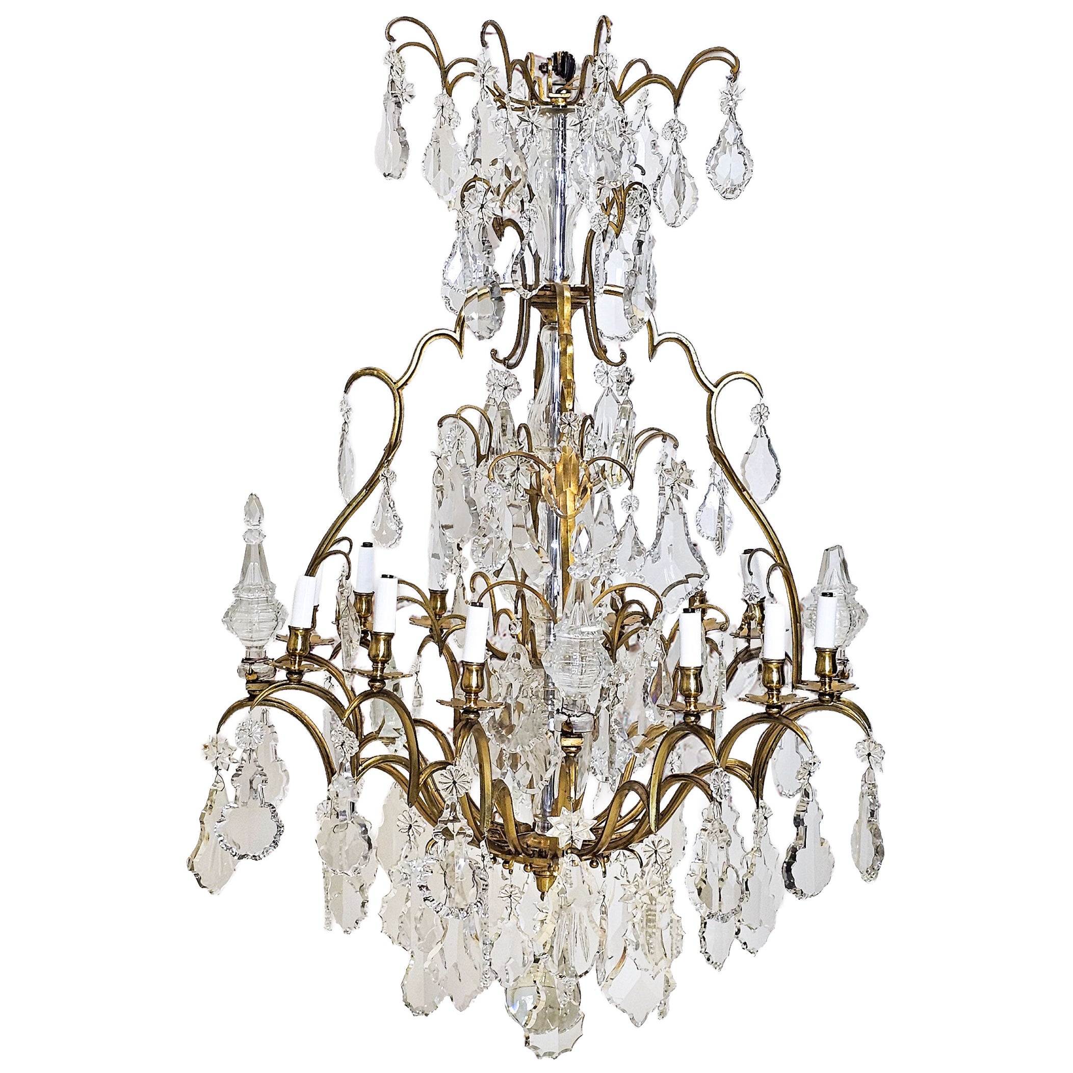 Monumental 16 Arm French Louis XV Style Gilt Brass & Crystal Chandelier For Sale