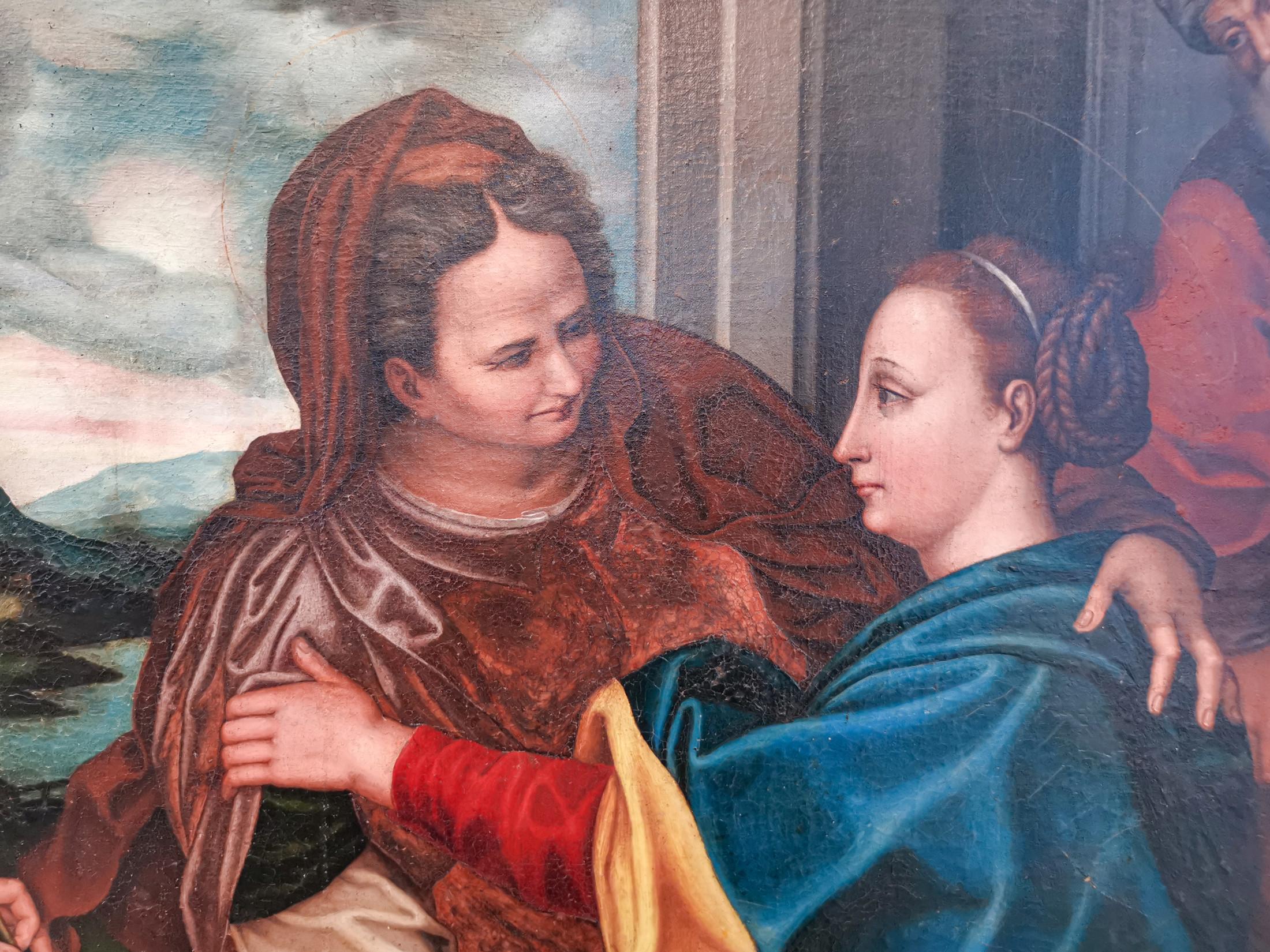 Renaissance Peinture monumentale du 16ème siècle représentant la scène de la visitation de Marie en vente