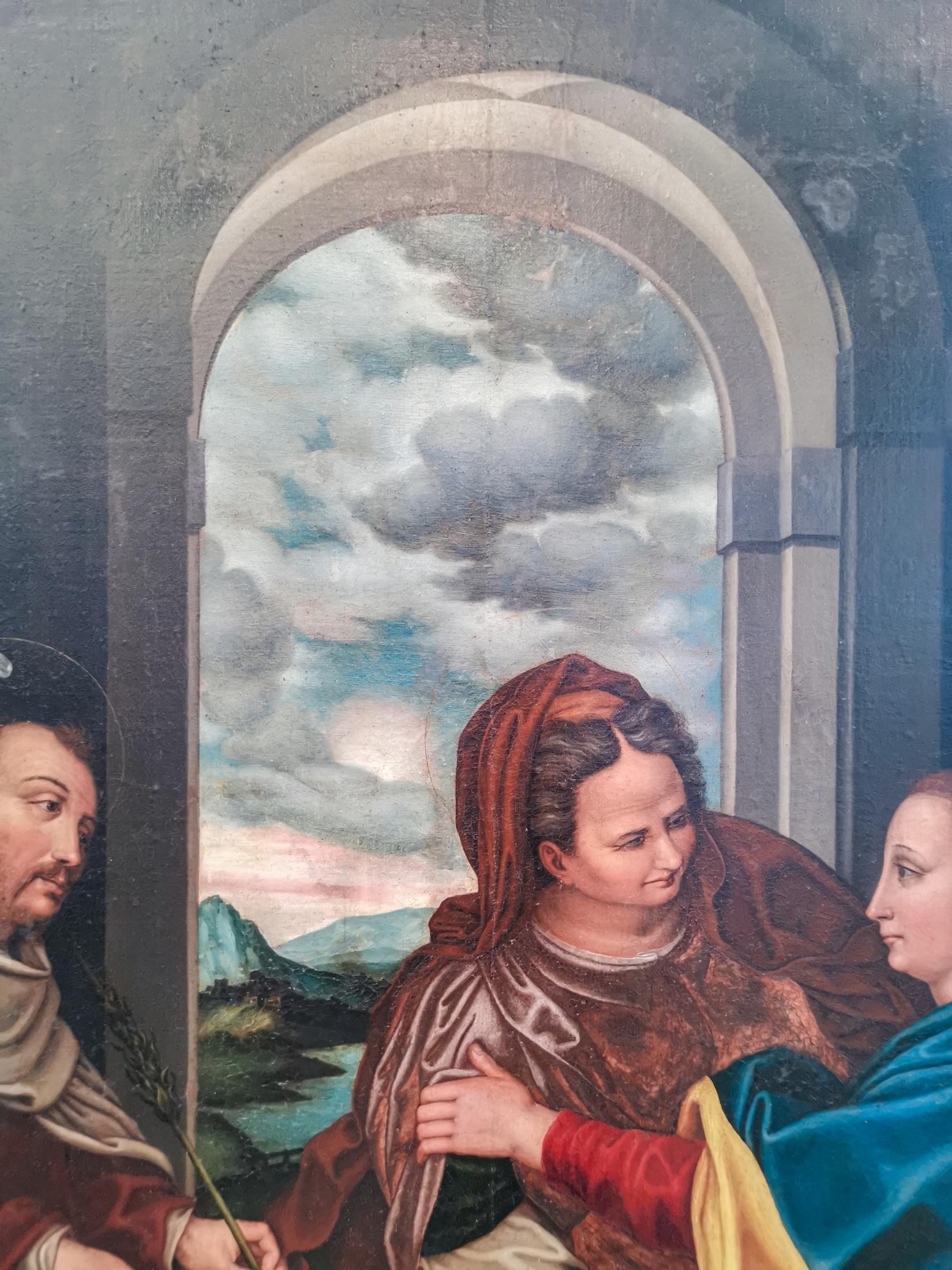 18th Century and Earlier Monumental 16th Century Painting Depicting the Scene of the Visitation of Mary For Sale