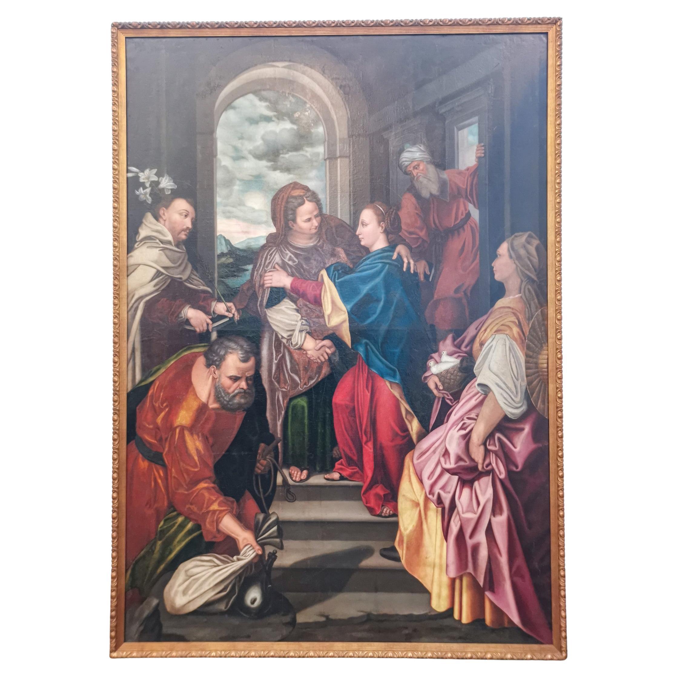 Monumental 16th Century Painting Depicting the Scene of the Visitation of Mary For Sale