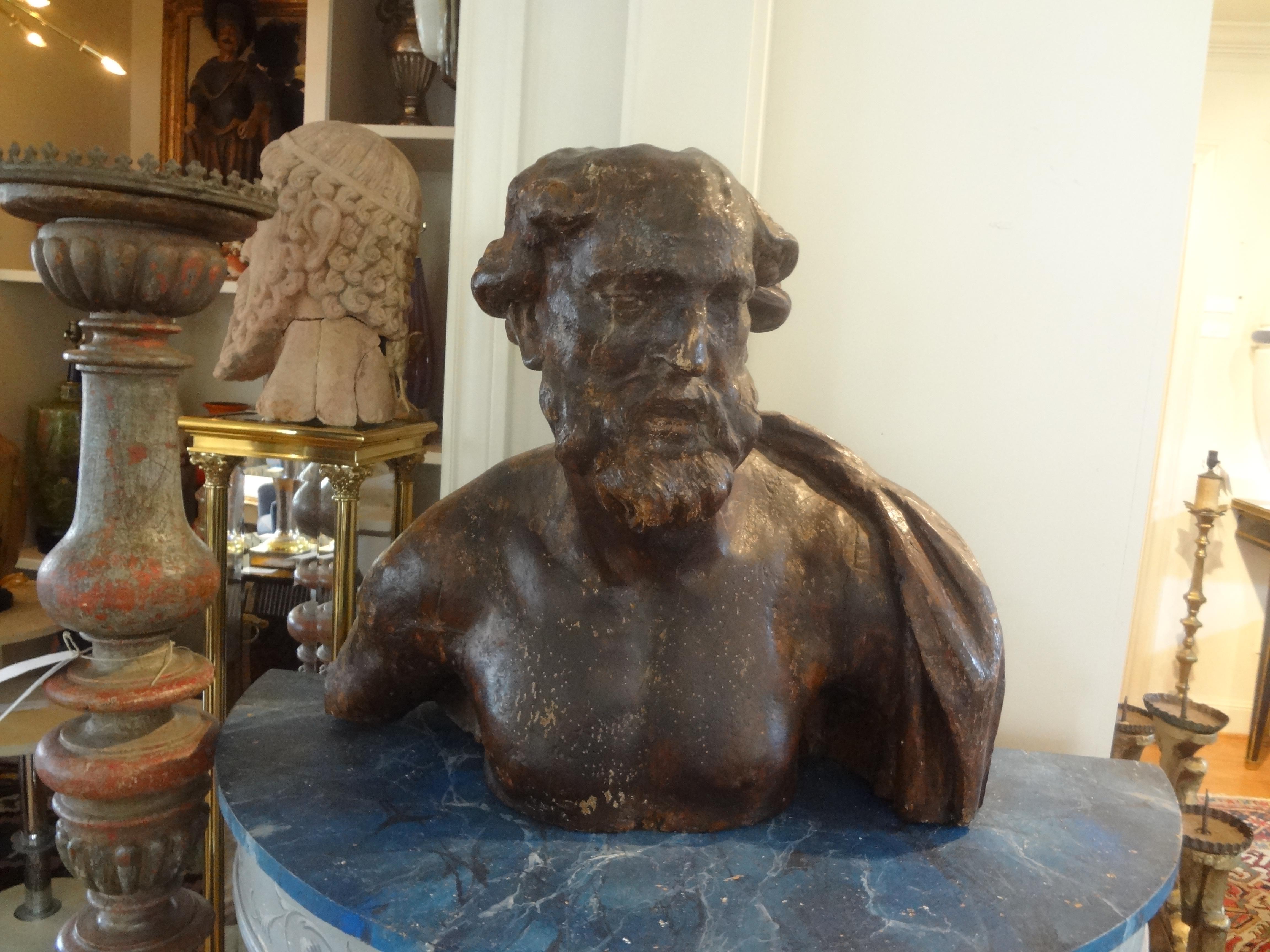 Monumental 17th Century Italian Baroque Carved Wood Bust For Sale 5
