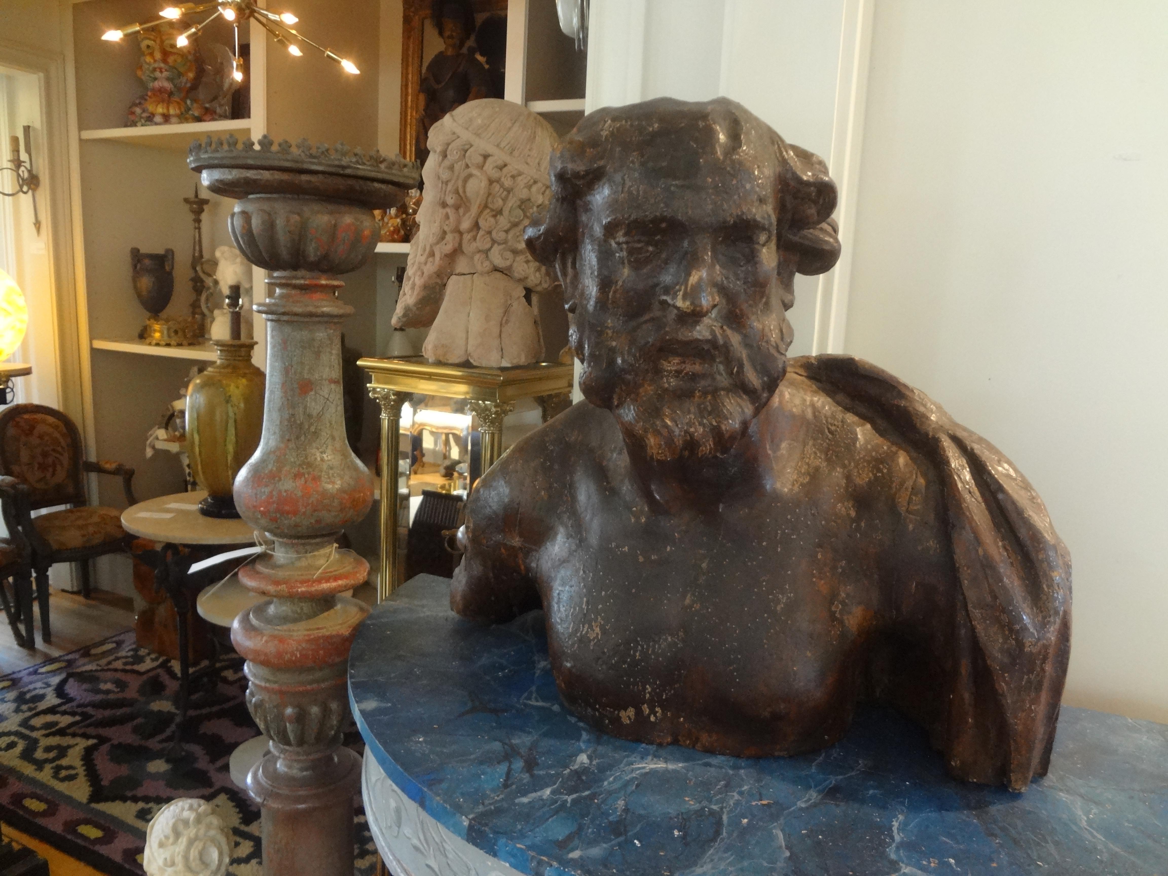 Monumental 17th century Italian Baroque carved wood bust.
Expertly carved Italian Baroque walnut bust /torso from the 17th century.
This gorgeous sculpture would look well in a Mediterranean or Contemporary interior!