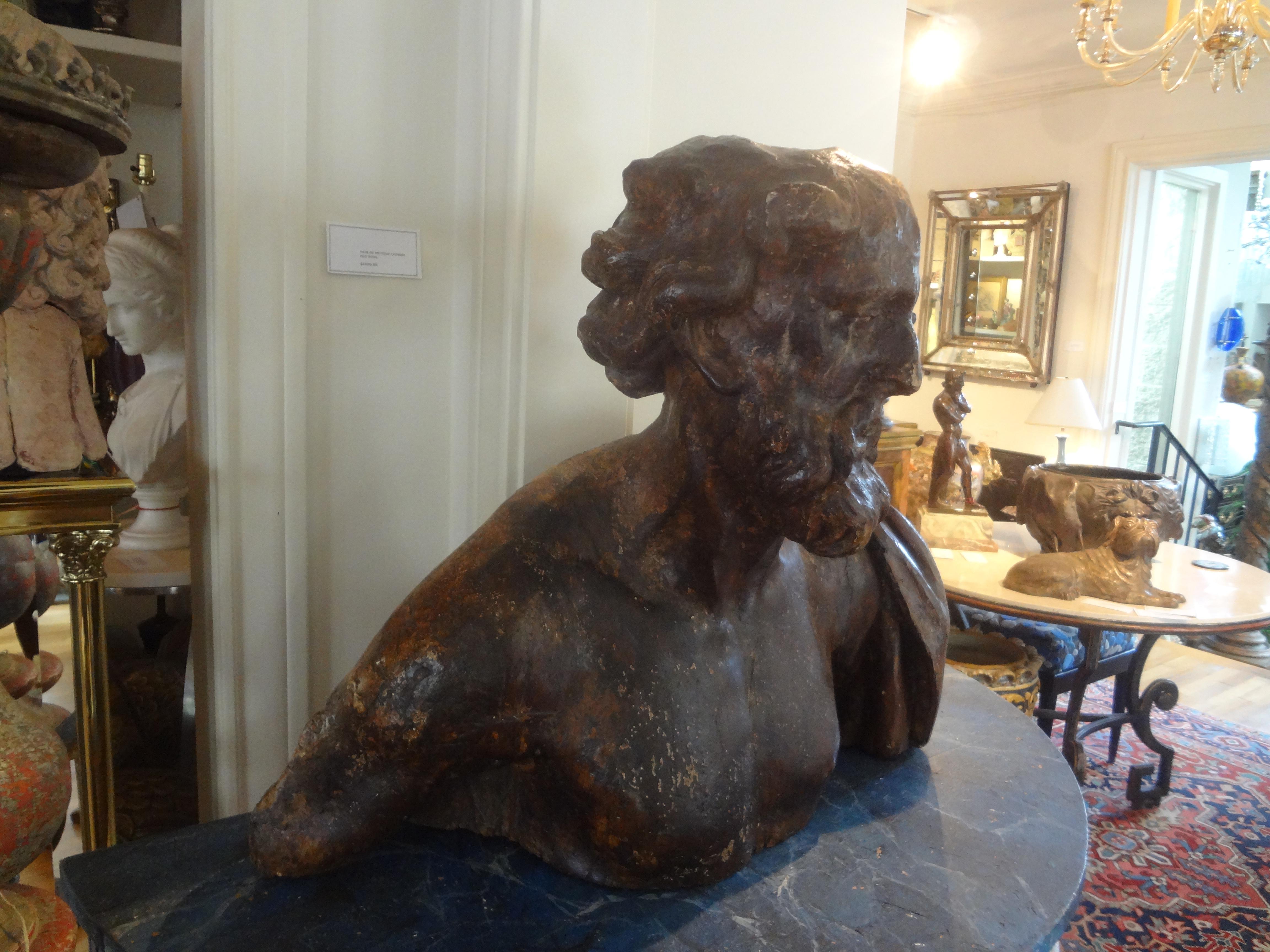 Monumental 17th Century Italian Baroque Carved Wood Bust For Sale 1