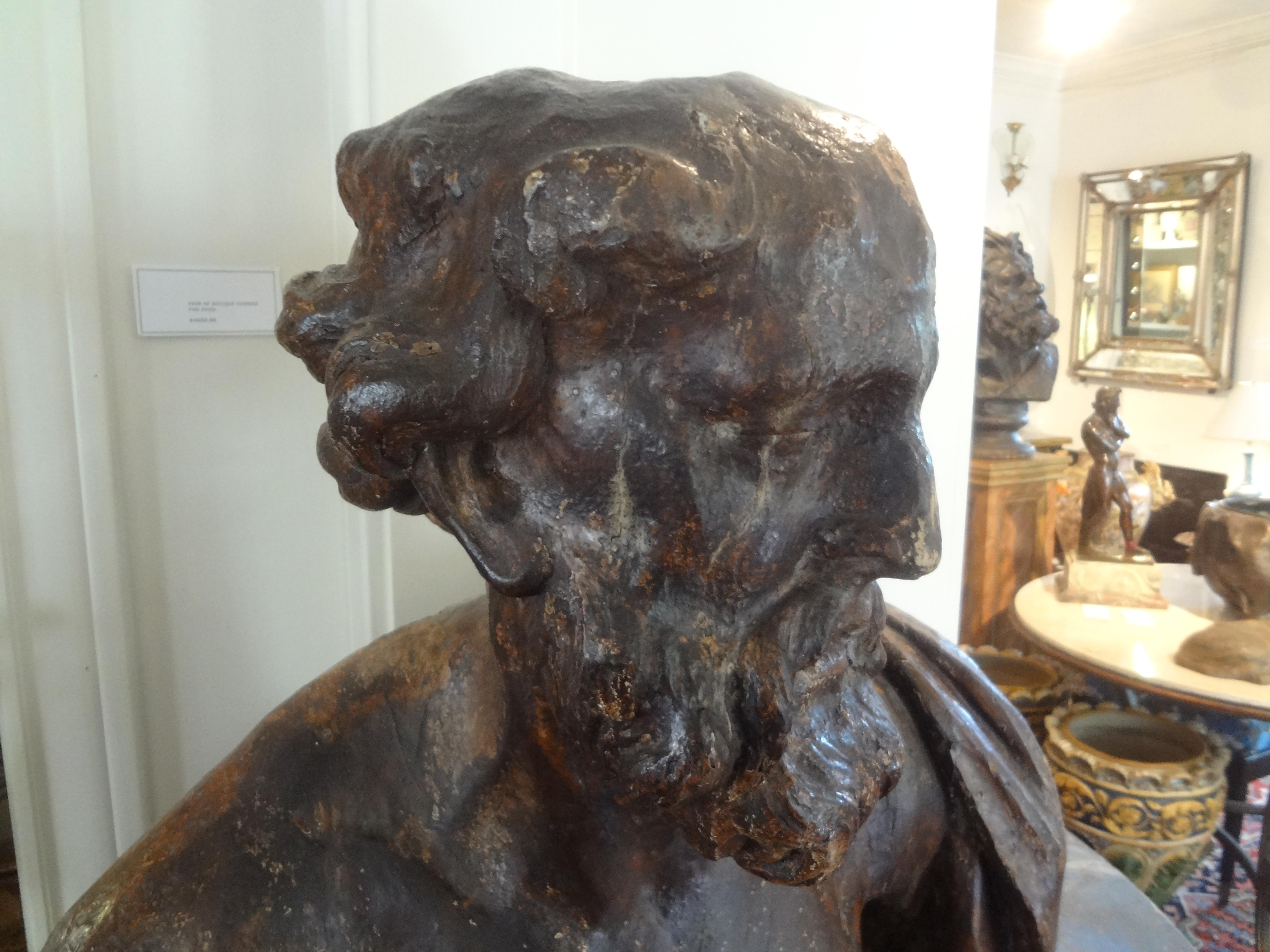 Monumental 17th Century Italian Baroque Carved Wood Bust For Sale 2