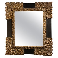 Monumental 17th Century Spanish Baroque Ebonized Gilt Wood Mirror Frame
