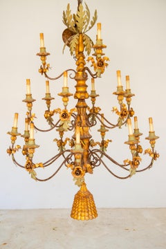 1980s Italian Baroque Chandelier in Giltwood & Wrought Iron