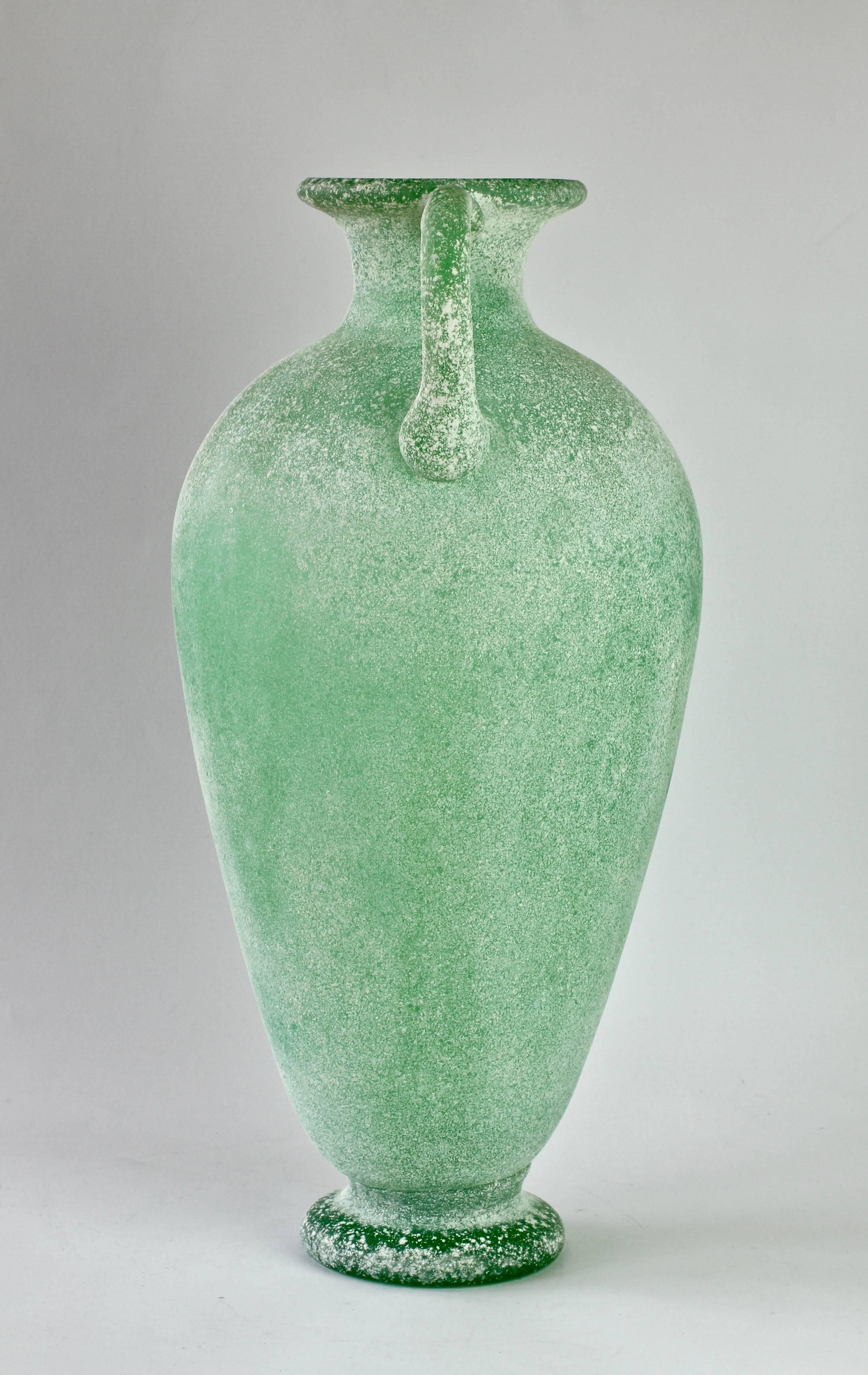 Italian Huge Green 'a Scavo' Murano Glass Amphora or Vase Attributed to Seguso