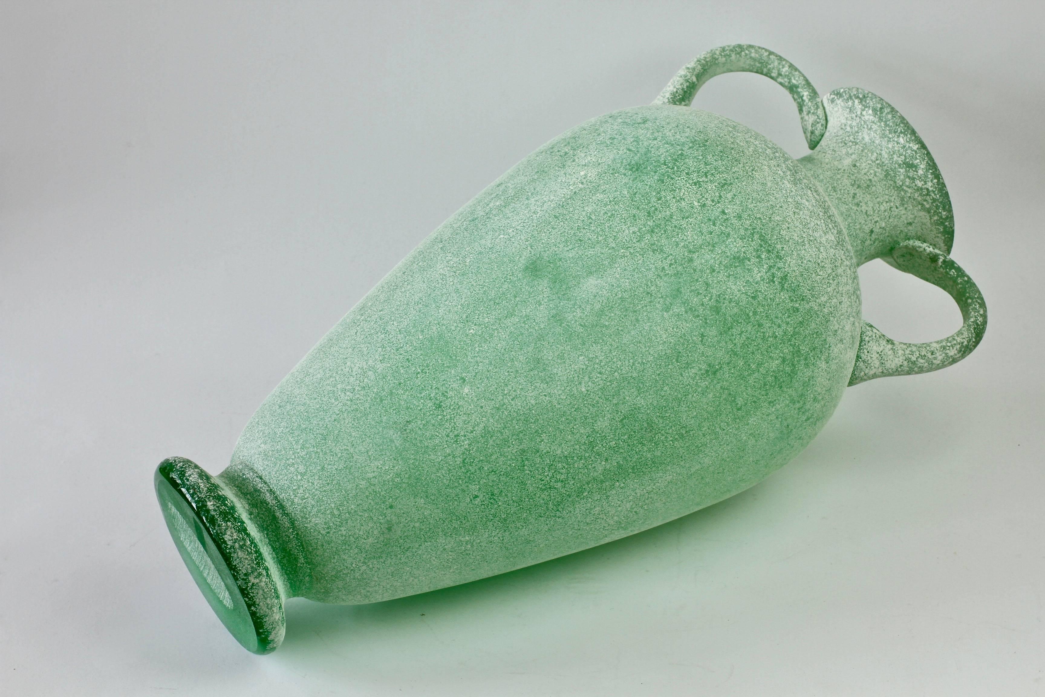 Huge Green 'a Scavo' Murano Glass Amphora or Vase Attributed to Seguso 1