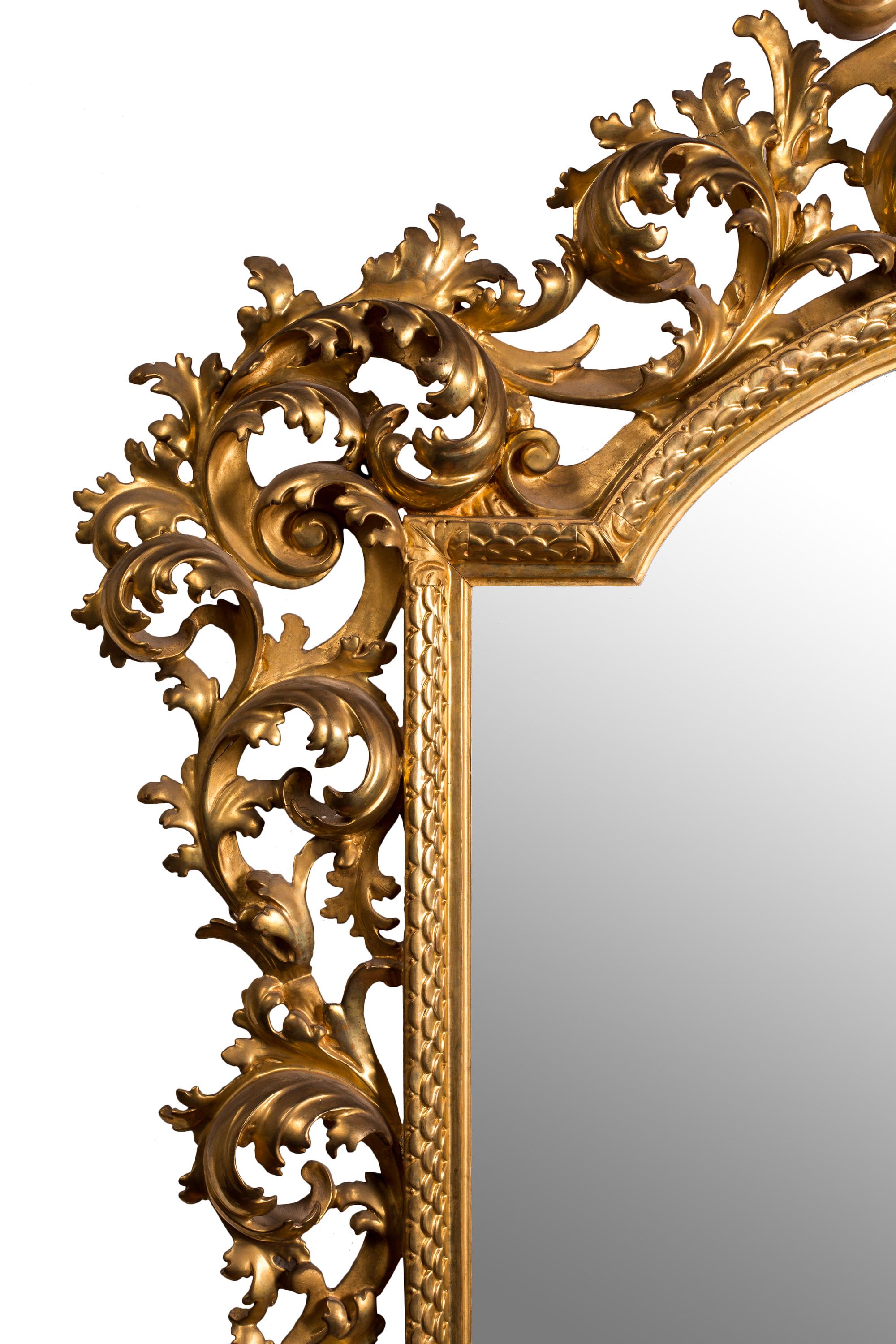 Dramatischer, monumentaler Florentiner Rokoko-Spiegel aus vergoldetem Holz mit passendem Pflanzgefäß  (Italienisch) im Angebot