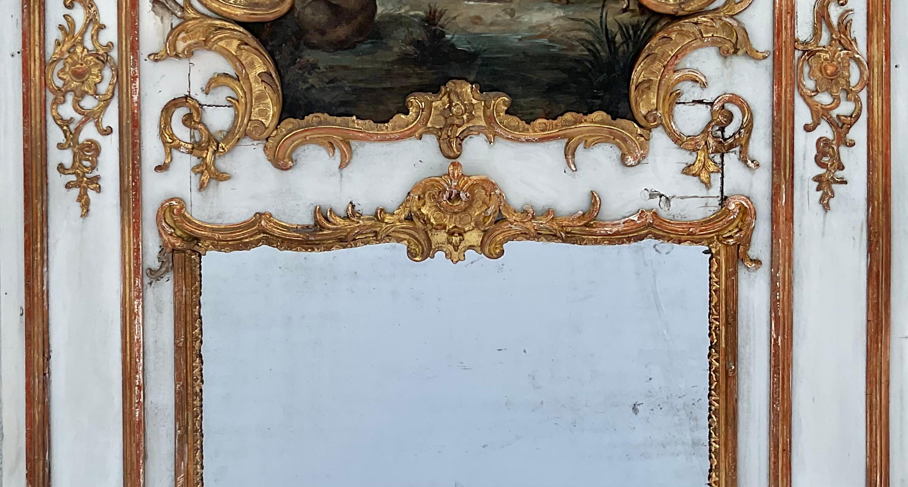 Louis XV Monumental 18th Century French Giltwood Trumeau Mirror with Original Painting For Sale