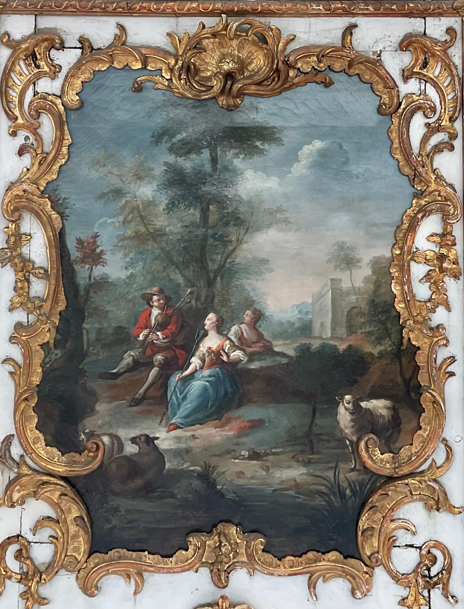 Français Monumental miroir Trumeau en bois doré français du 18ème siècle avec peinture d'origine en vente