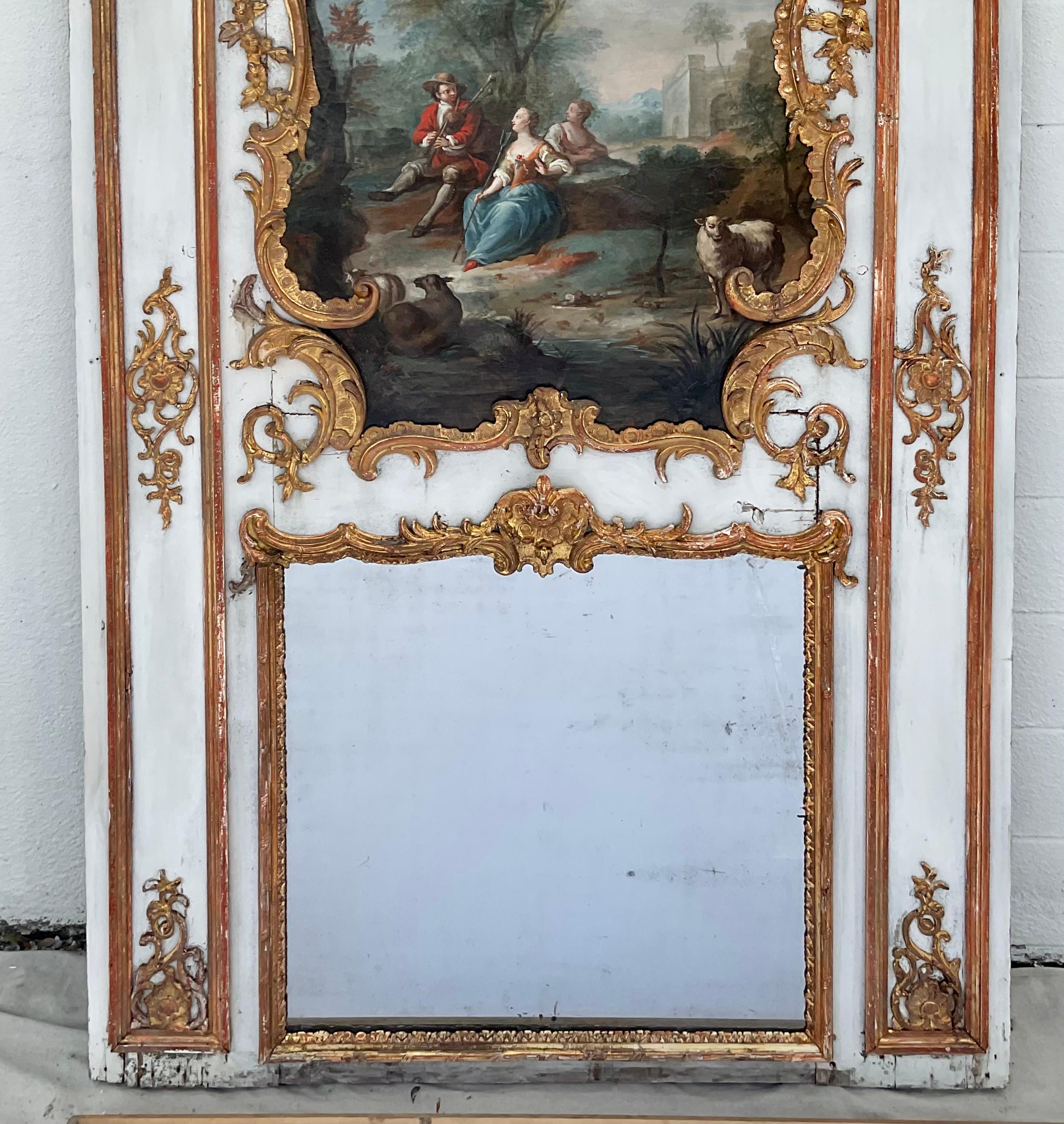 Monumental 18th Century French Giltwood Trumeau Mirror with Original Painting For Sale 1