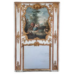 Monumental 18th Century French Giltwood Trumeau Mirror with Original Painting