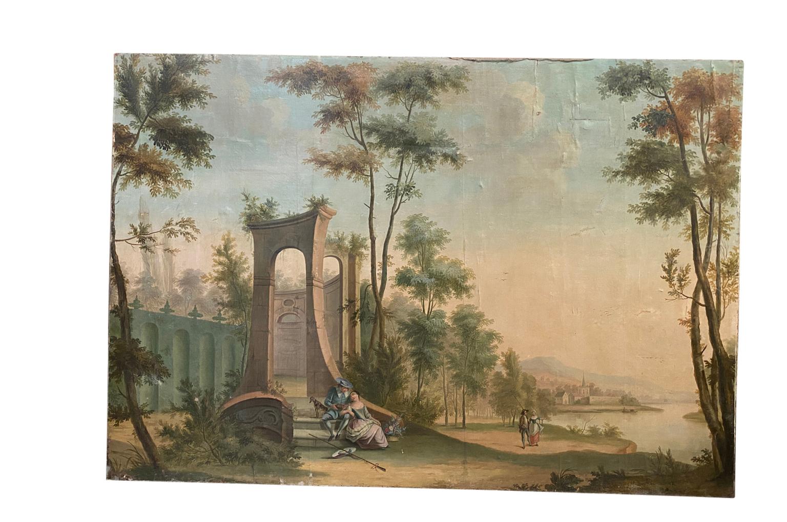 A monumental 18th century Oil On Canvas Painting from Lucca, Italy. Delightful soft color and hues with handsome cracquelure. The painting will be the statement of its surrounding.