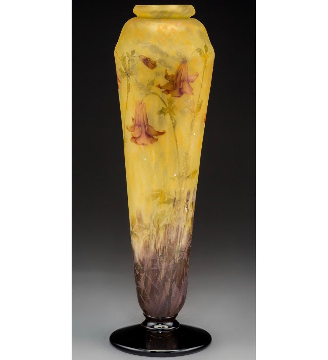 Art Nouveau Monumental 19” Daum Nancy Enameled and Etched Columbine Flower Vase For Sale