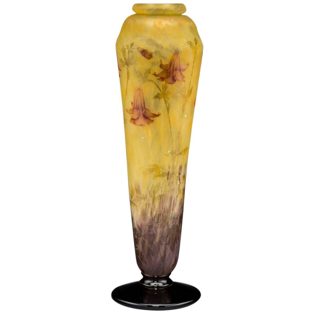 Monumental 19” Daum Nancy Enameled and Etched Columbine Flower Vase For Sale