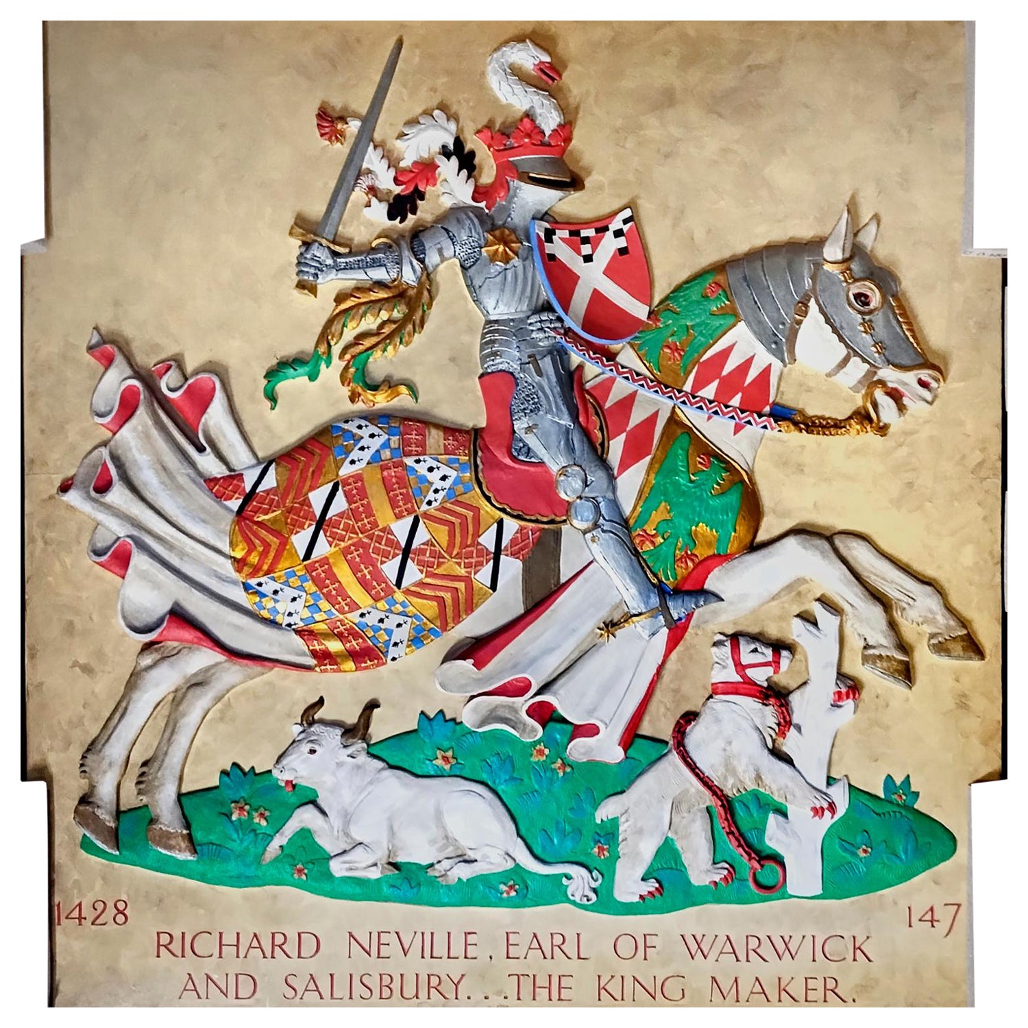 Panneau héraldique monumental de l'EARL de 1939 représentant Richard Neville, comte de Warwick en vente