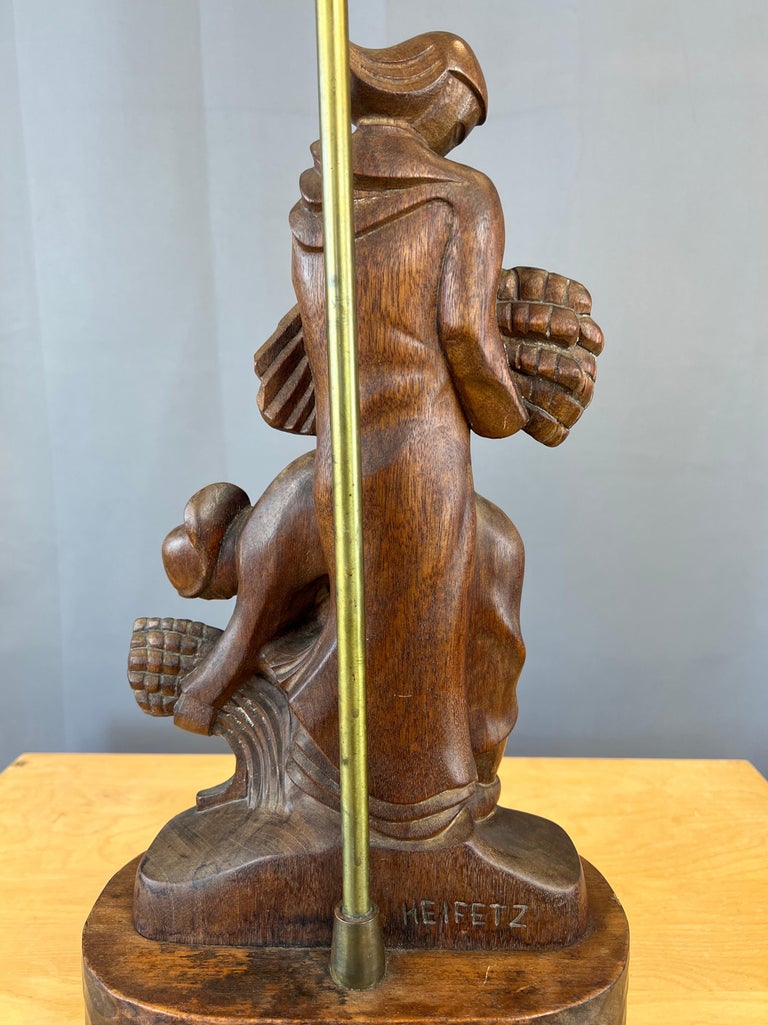 Monumental 1940s Carved Mahogany Heifetz Table Lamp of Women Harvesting Wheat For Sale 7
