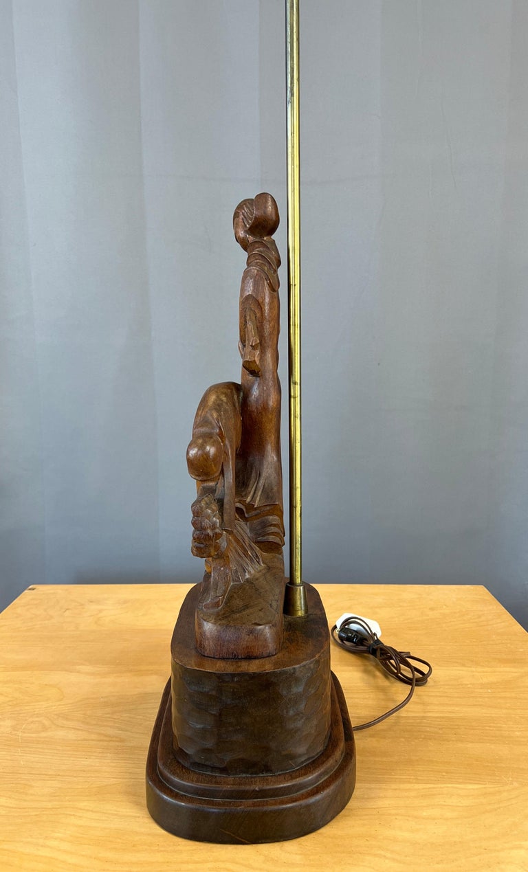 Monumental 1940s Carved Mahogany Heifetz Table Lamp of Women Harvesting Wheat For Sale 9