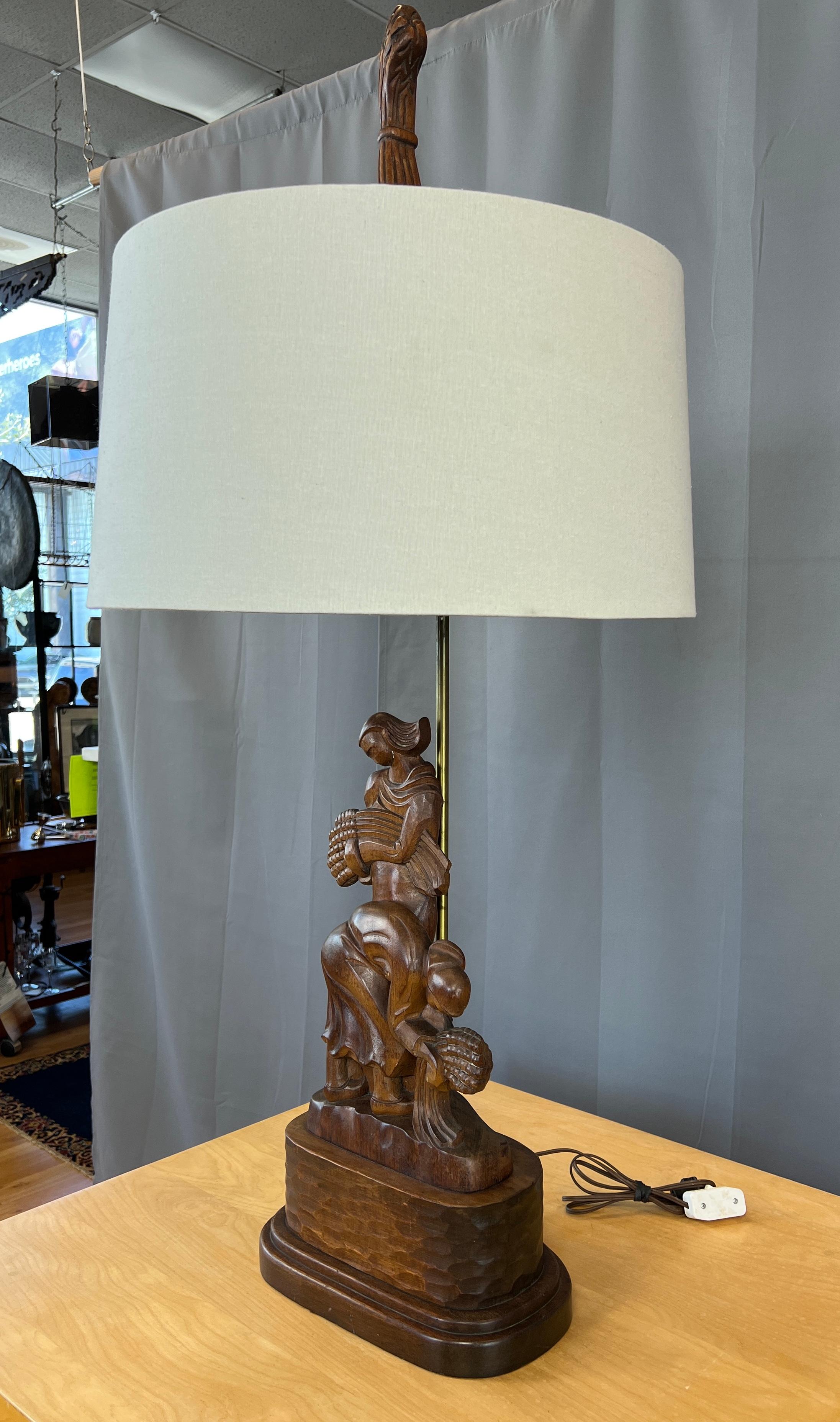 American Monumental 1940s Carved Mahogany Heifetz Table Lamp of Women Harvesting Wheat For Sale