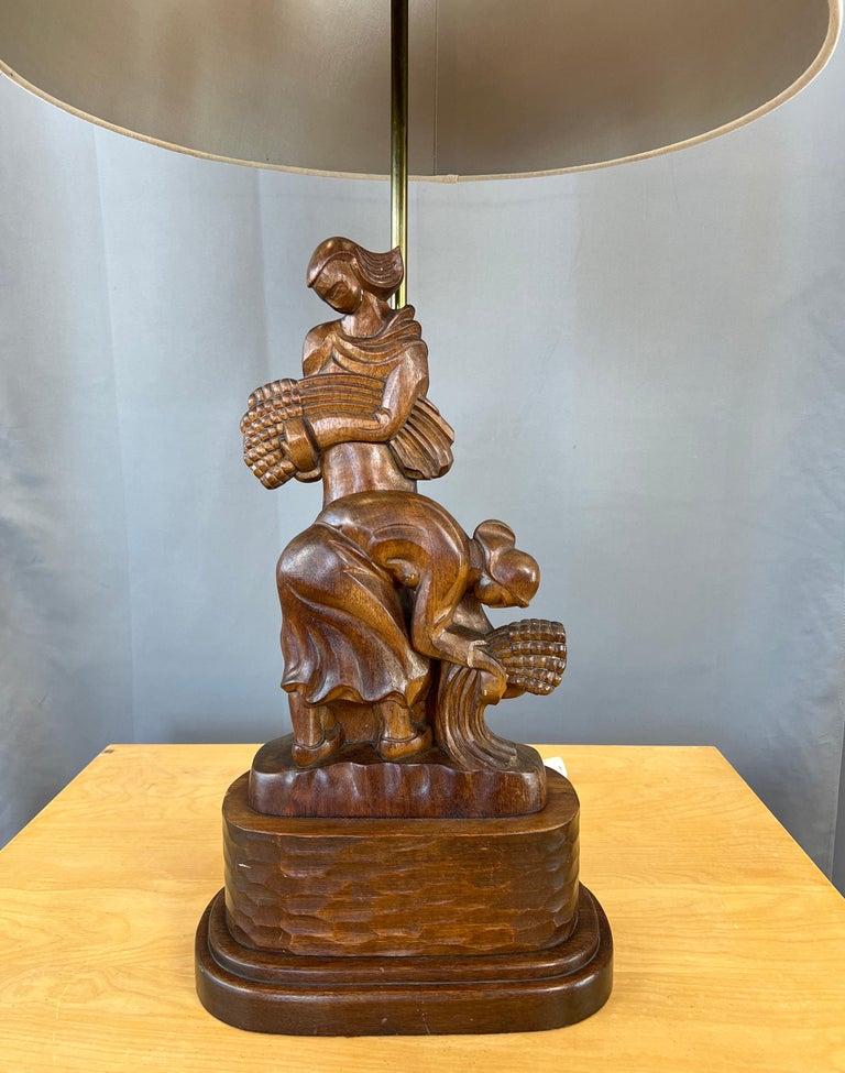 Monumental 1940s Carved Mahogany Heifetz Table Lamp of Women Harvesting Wheat In Good Condition For Sale In San Francisco, CA