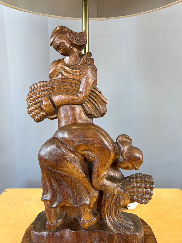 Monumental 1940s Carved Mahogany Heifetz Table Lamp of Women Harvesting Wheat For Sale 1