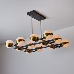 Stilnovo Chandelier, 12-Globe Opaline Glass & Black Metal, 1950s Italy