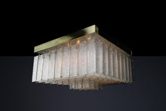 Monumental 1960s Bohemian Flush Mount Chandelier in Textured Glass and Brass.