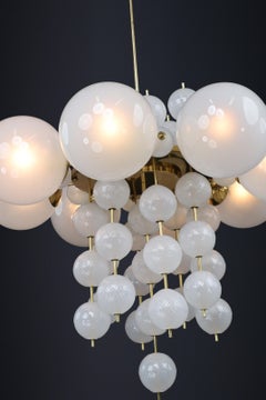 Monumental 1960s Czech Brass Frosted Glass Globe Chandelier