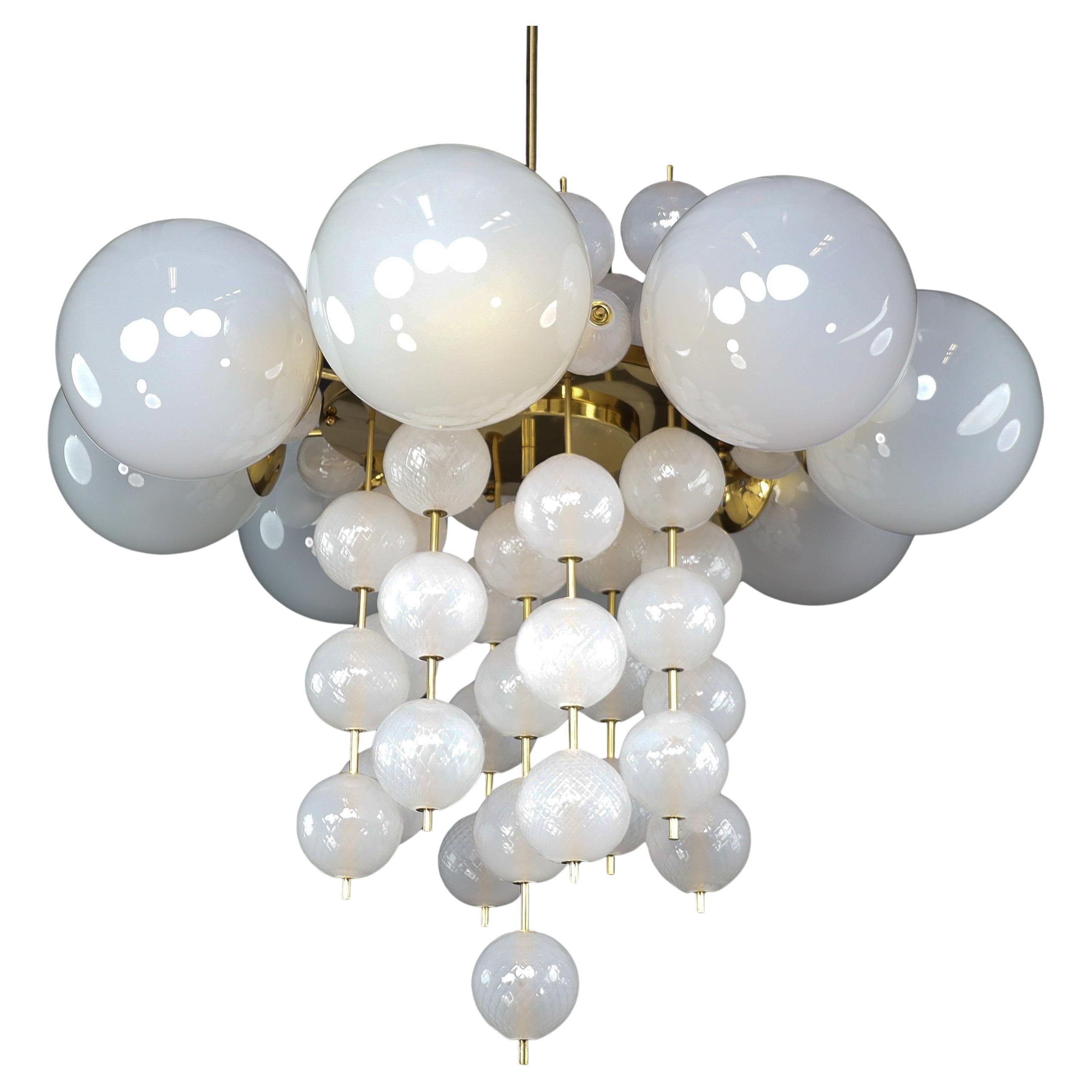 Monumental 1960s Czech Brass Frosted Glass Globe Chandelier