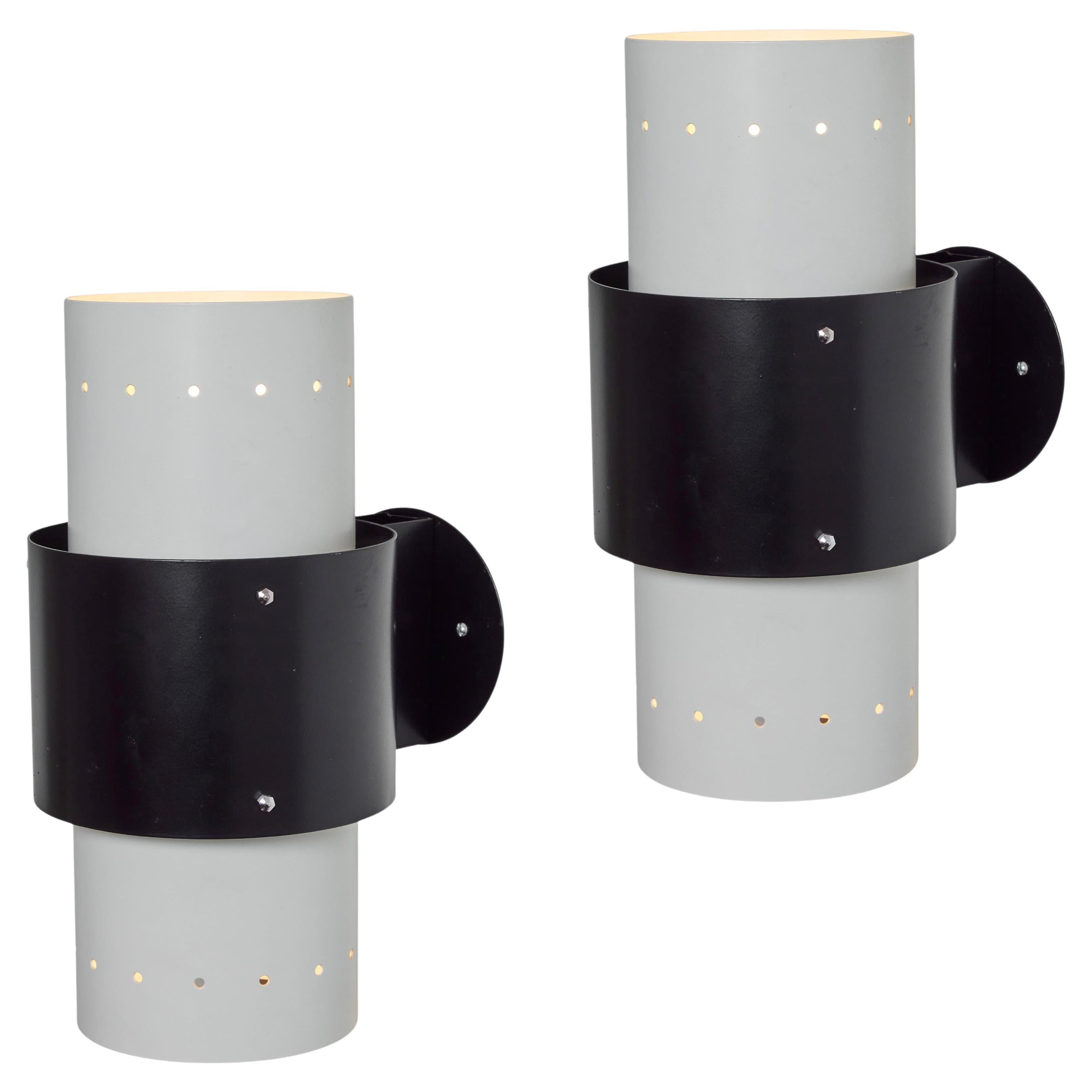 Monumental 1960s Louis Kalff Black and White Perforated Sconces for Philips
