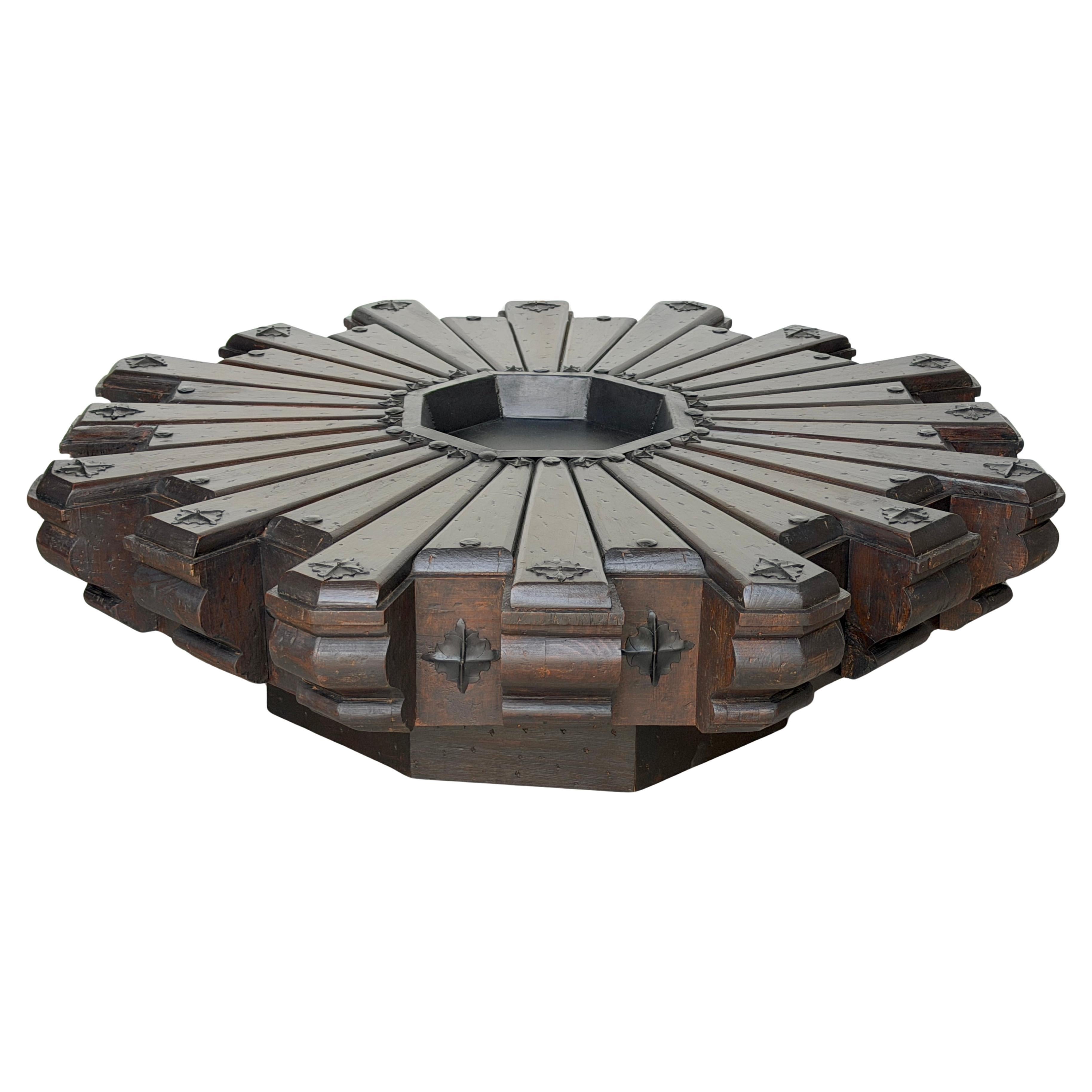 Monumental 1960s Spanish Colonial Sunburst Brazier Table & Wrought Iron Mounts For Sale