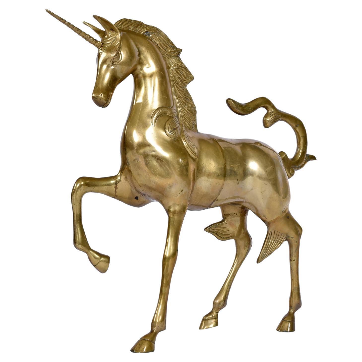 Monumental 1970s Decorative Hollywood Regency Solid Brass Unicorn Horse For Sale 5