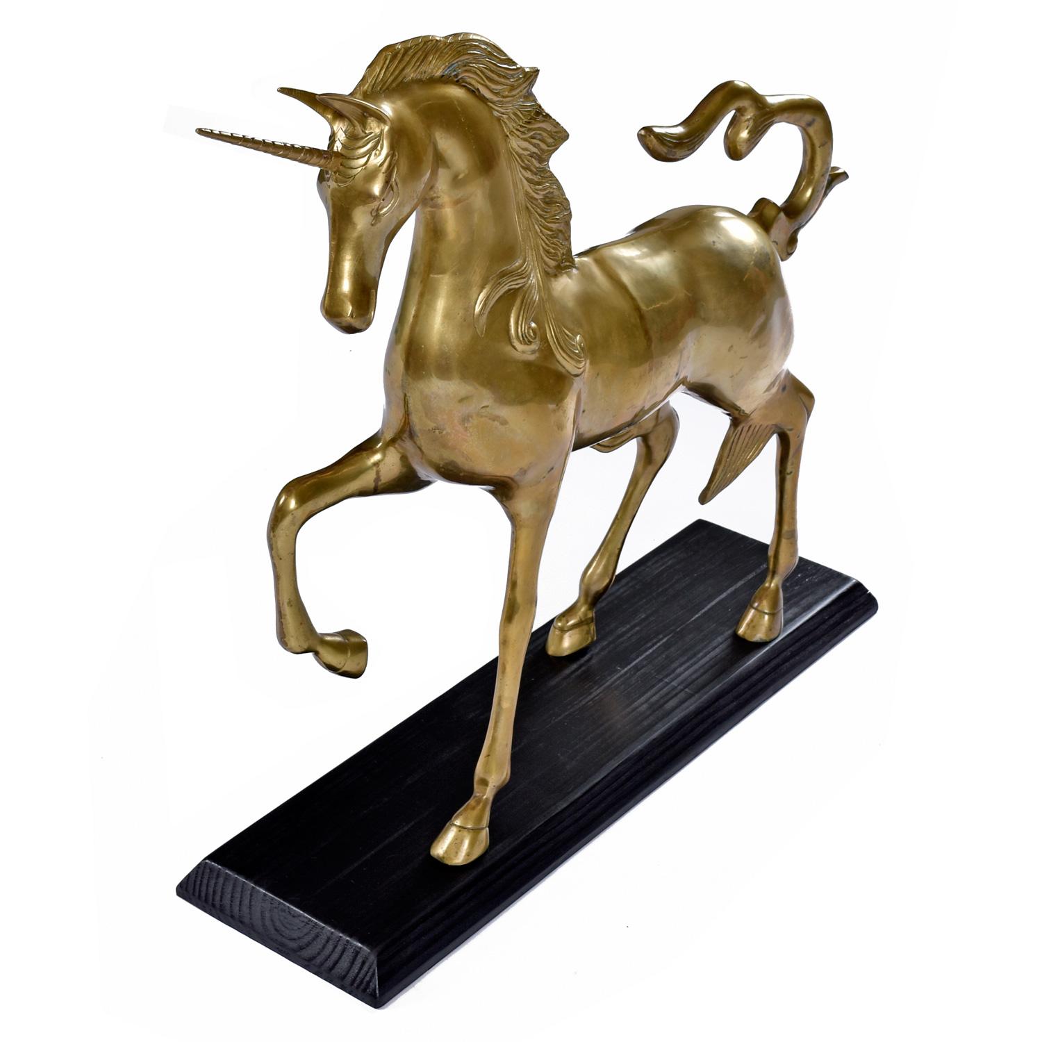 Indian Monumental 1970s Decorative Hollywood Regency Solid Brass Unicorn Horse For Sale