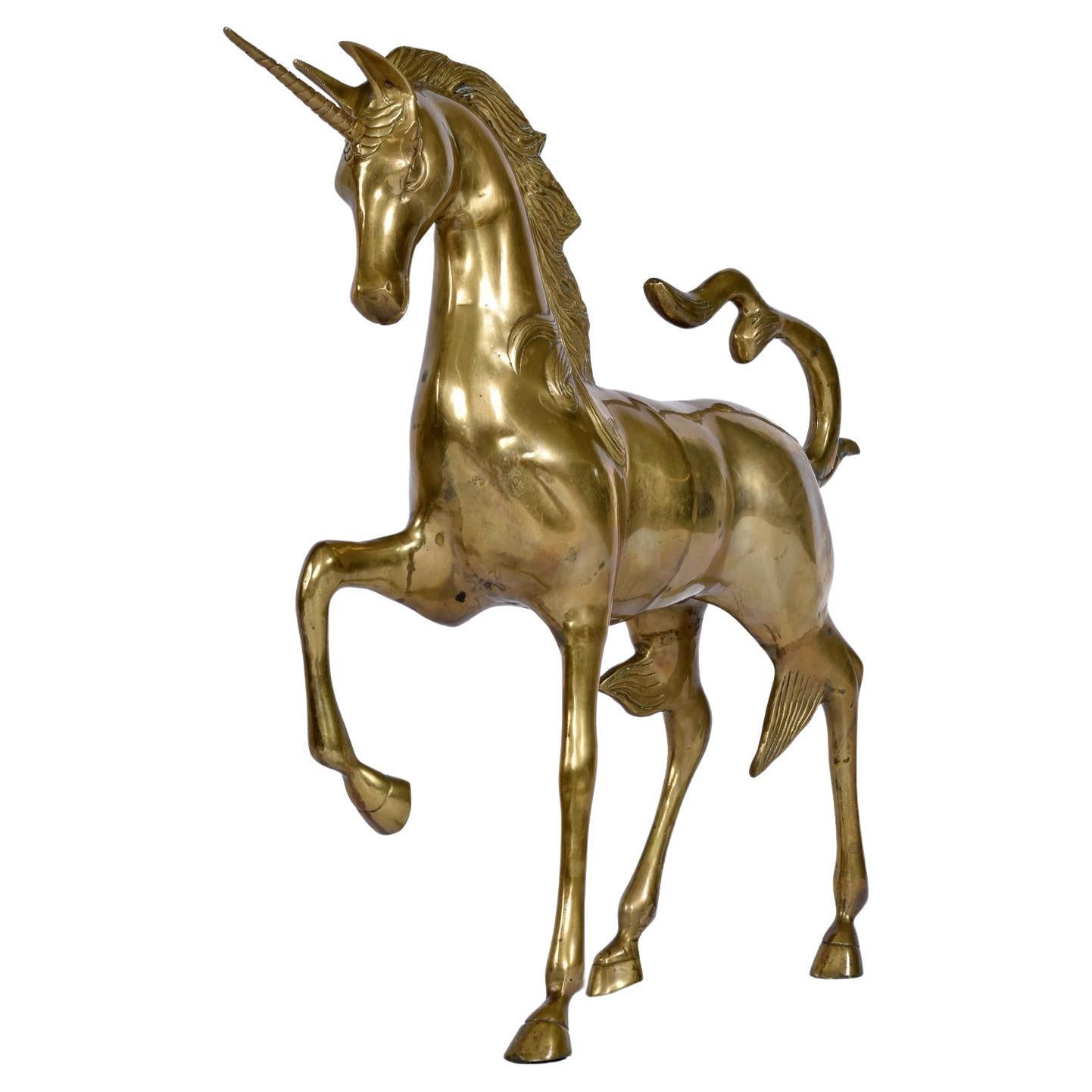 Monumental 1970s Decorative Hollywood Regency Solid Brass Unicorn Horse For Sale 2