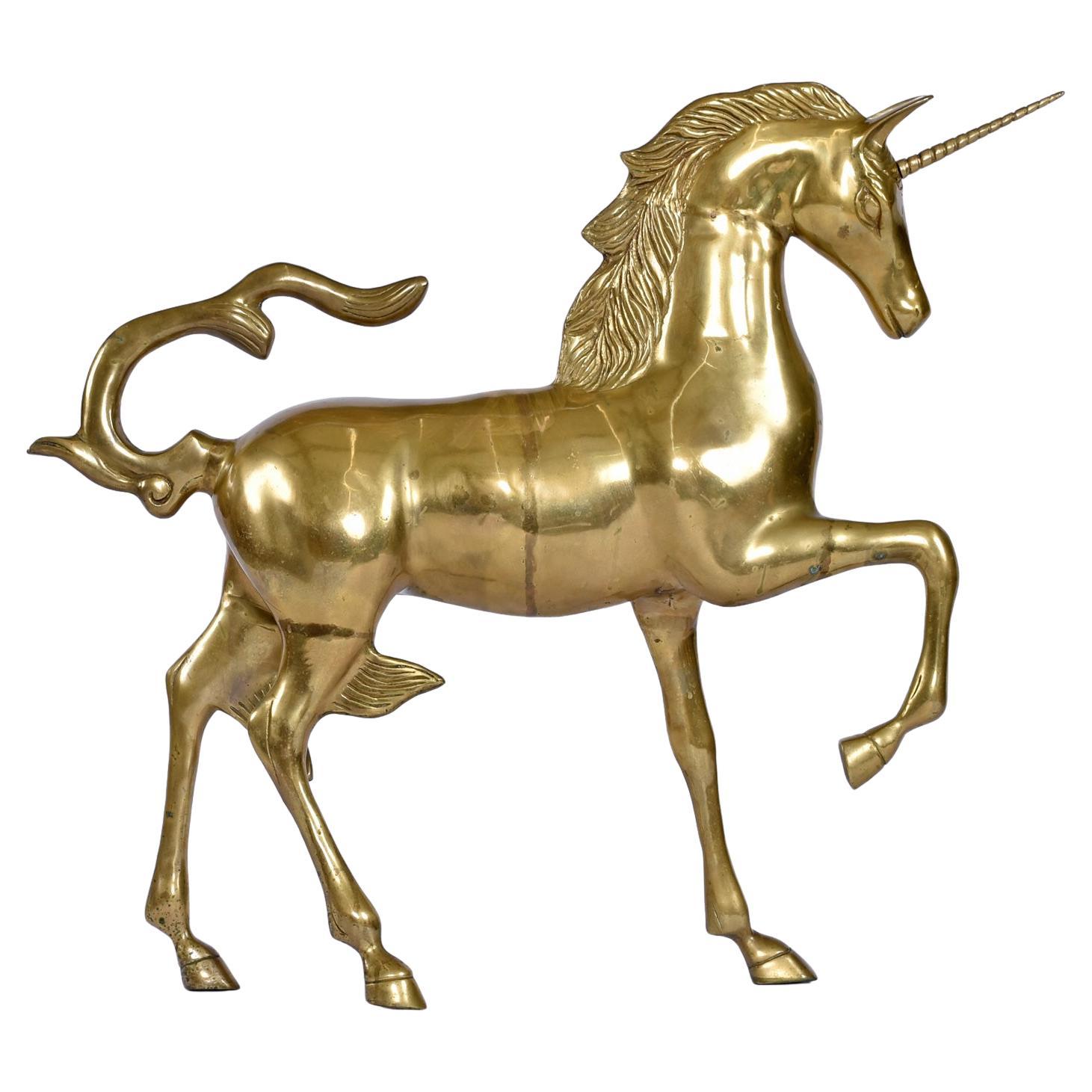 Monumental 1970s Decorative Hollywood Regency Solid Brass Unicorn Horse For Sale 4