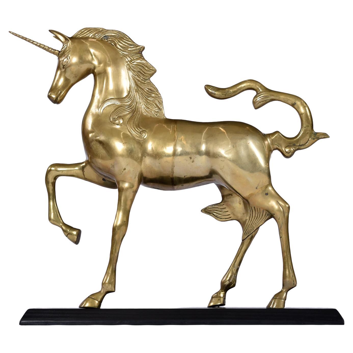 Monumental 1970s Decorative Hollywood Regency Solid Brass Unicorn Horse For Sale