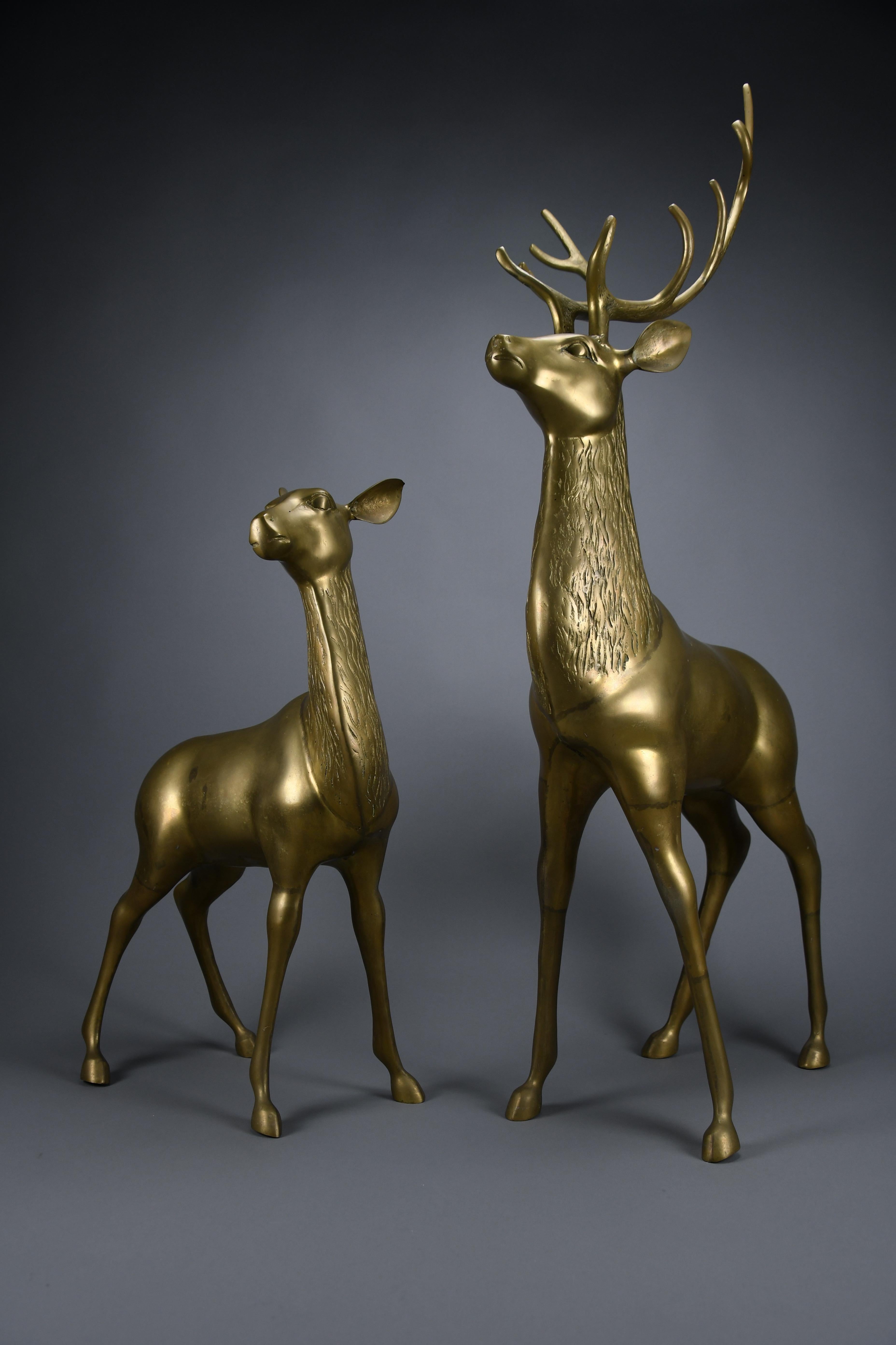 Monumental 1970's Hollywood Regency brass deer pair attributed to Maison Jansen For Sale 4