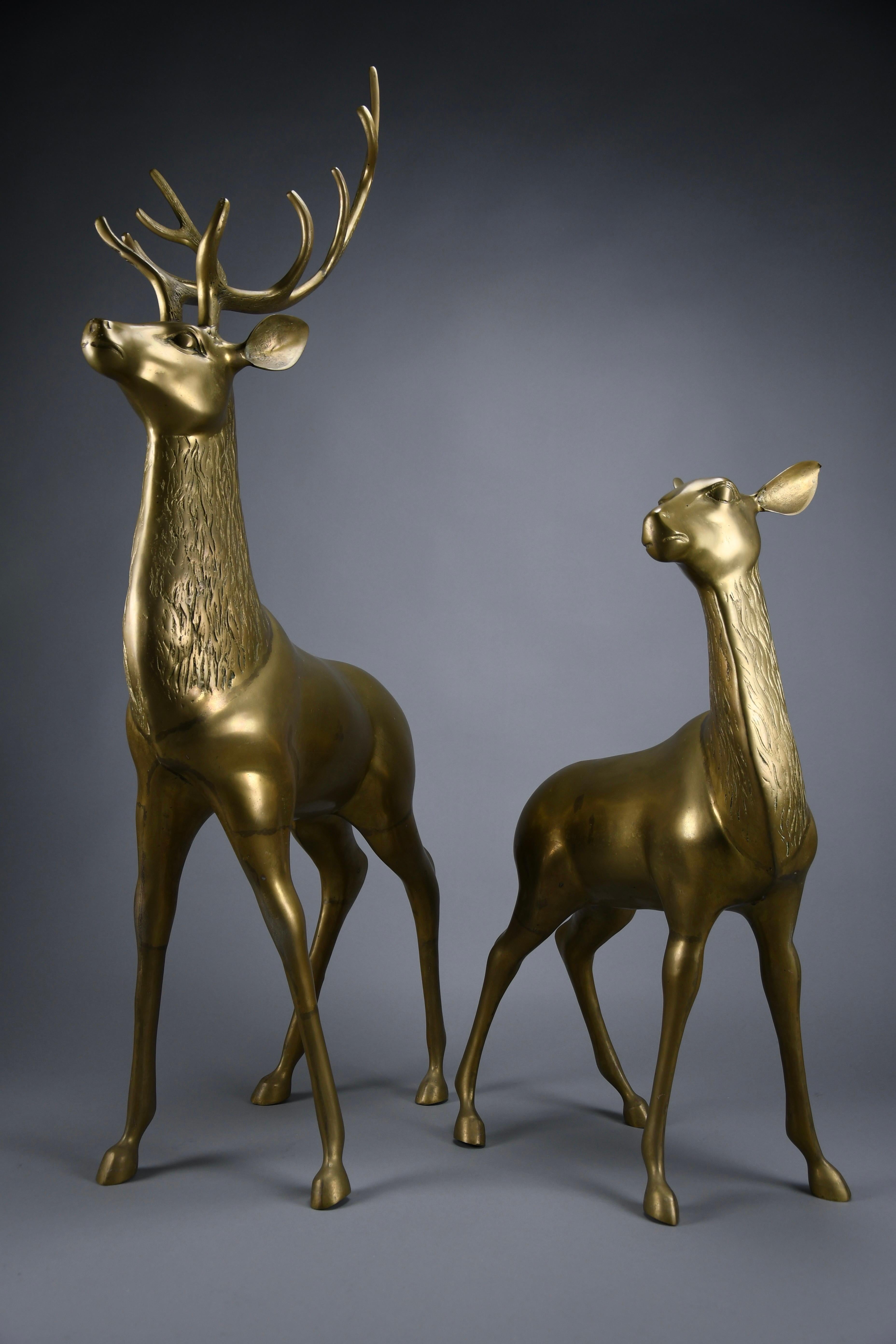 Monumental 1970's Hollywood Regency brass deer pair attributed to Maison Jansen For Sale 5