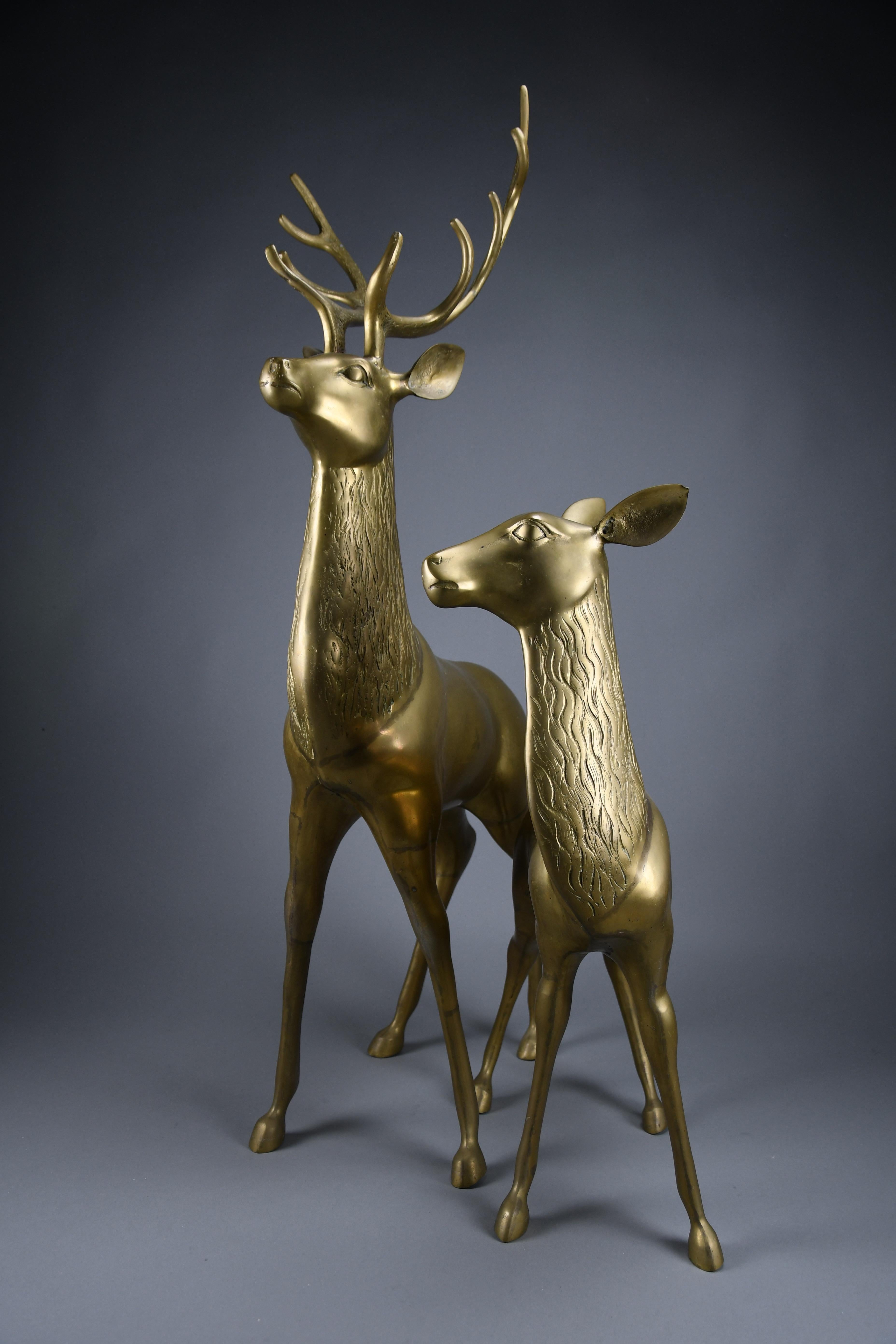 Monumental 1970's Hollywood Regency brass deer pair attributed to Maison Jansen For Sale 7