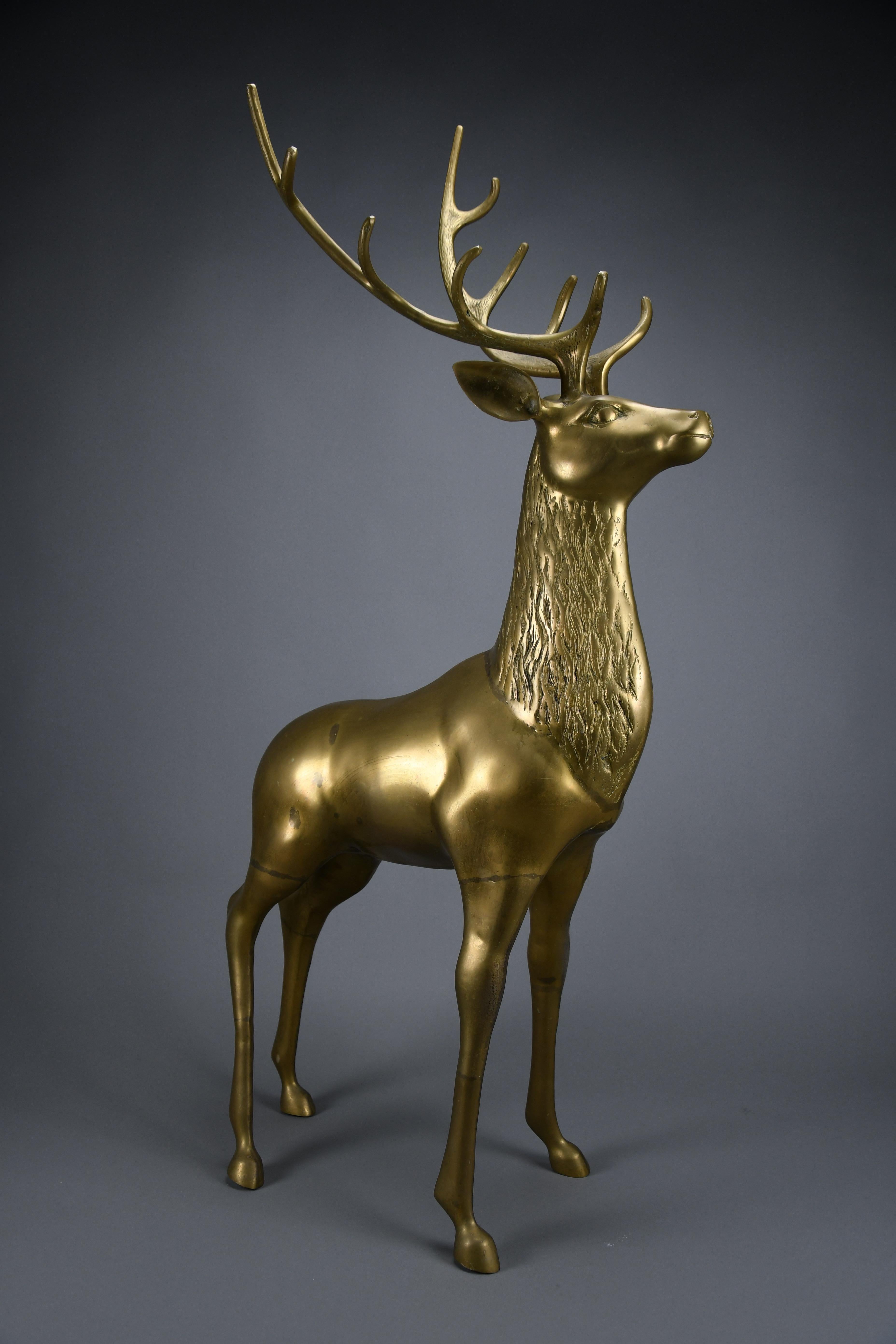 Monumental 1970's Hollywood Regency brass deer pair attributed to Maison Jansen For Sale 9