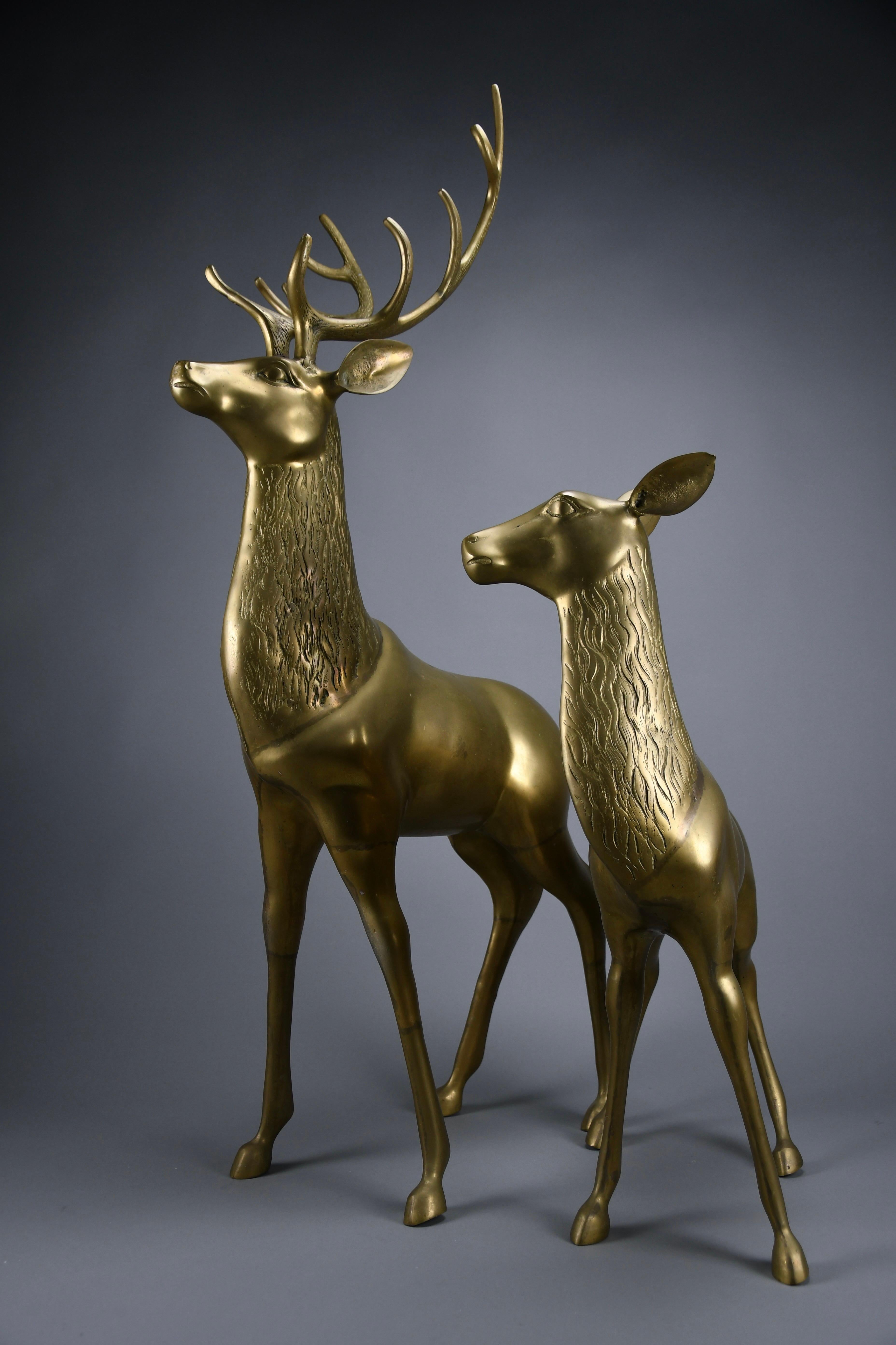 Monumental 1970's Hollywood Regency brass deer pair attributed to Maison Jansen For Sale 11