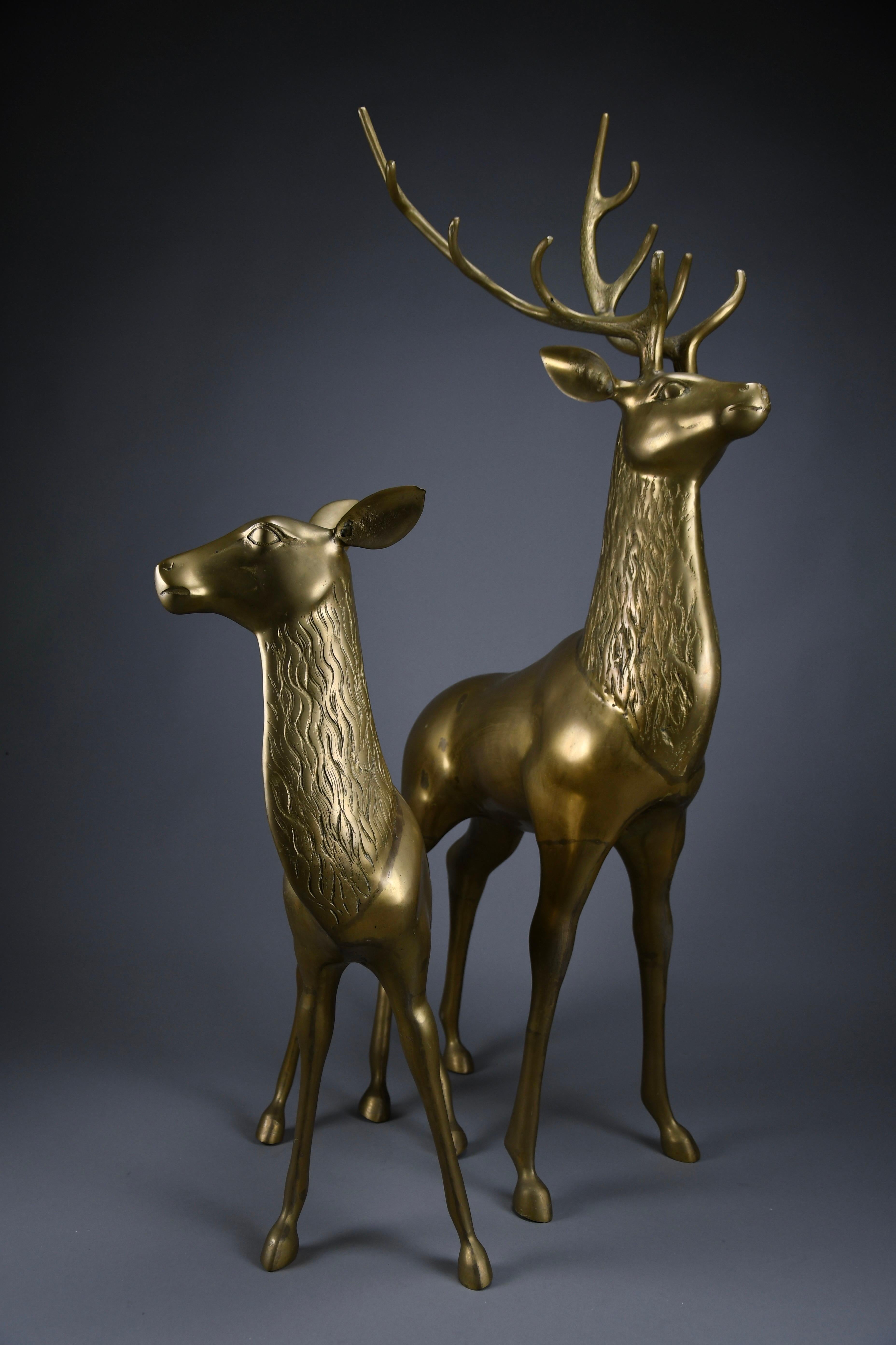 Monumental 1970's Hollywood Regency brass deer pair attributed to Maison Jansen For Sale 13