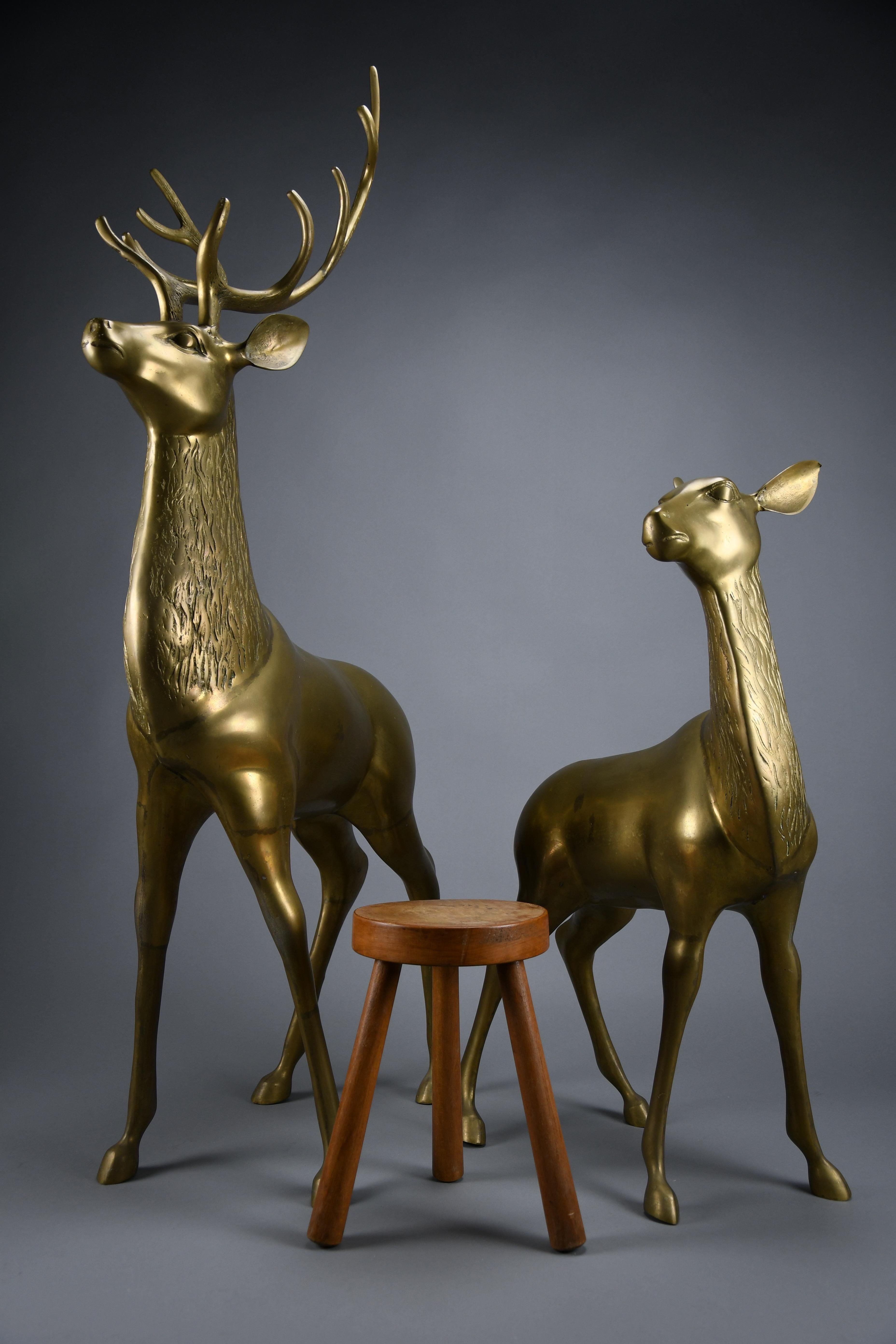 Exceptional Pair of 1970s Monumental Hollywood Regency Brass Deer — Attributed to the Style of Sarreid Ltd. / Maison Jansen

A striking and highly decorative pair of monumental brass deer, crafted in the 1970s and attributed to the celebrated