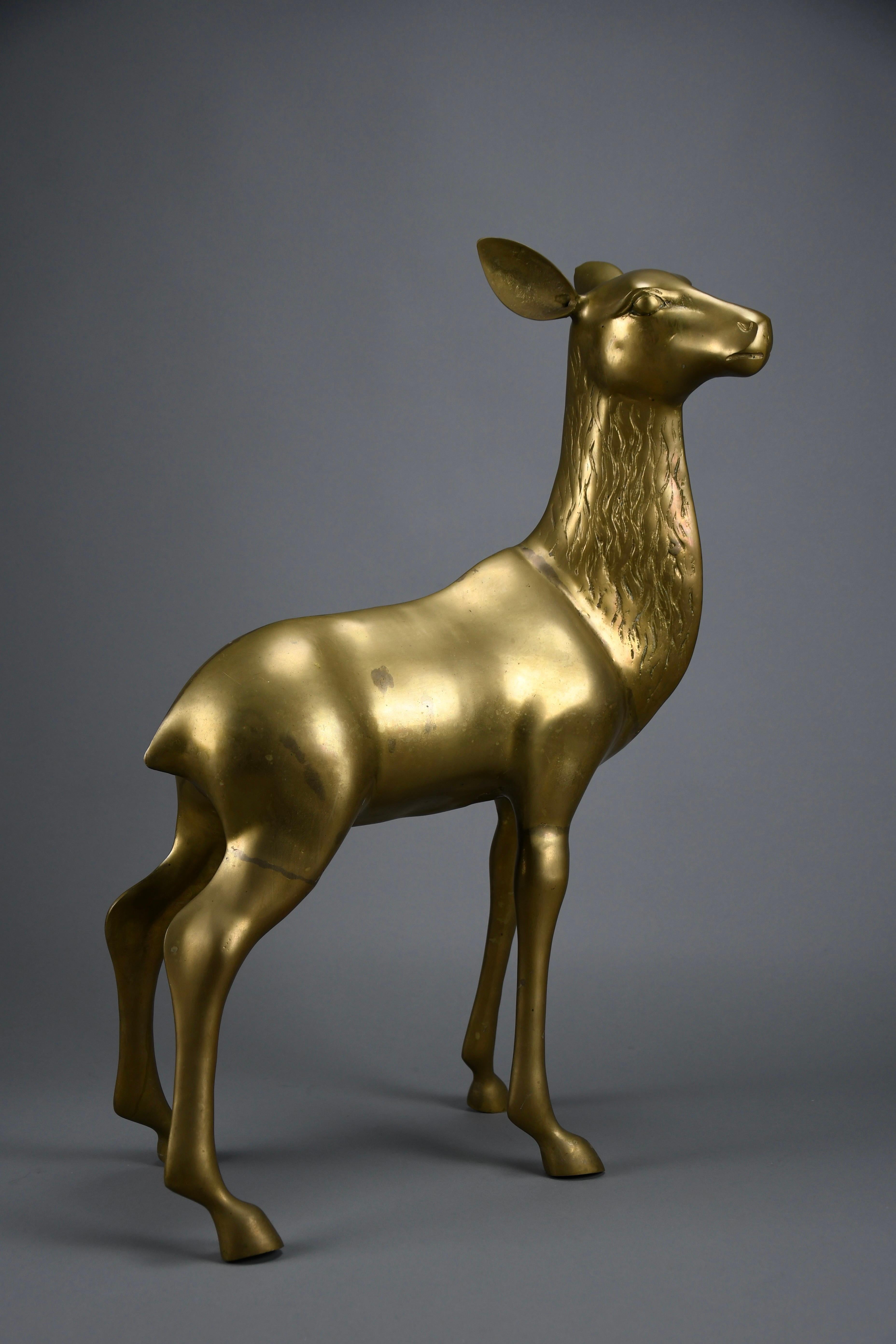 French Monumental 1970's Hollywood Regency brass deer pair attributed to Maison Jansen For Sale