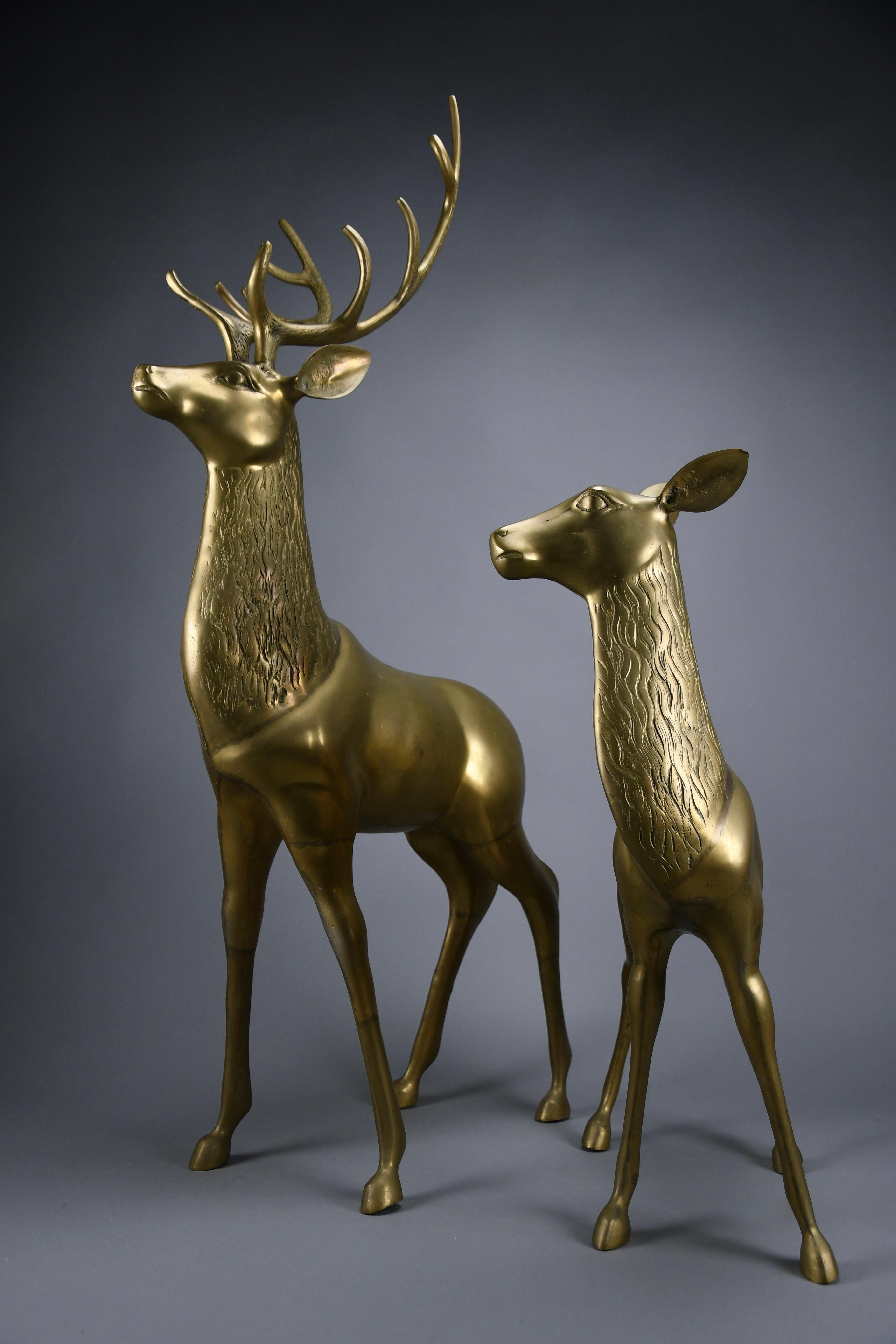Late 20th Century Monumental 1970's Hollywood Regency brass deer pair attributed to Maison Jansen For Sale
