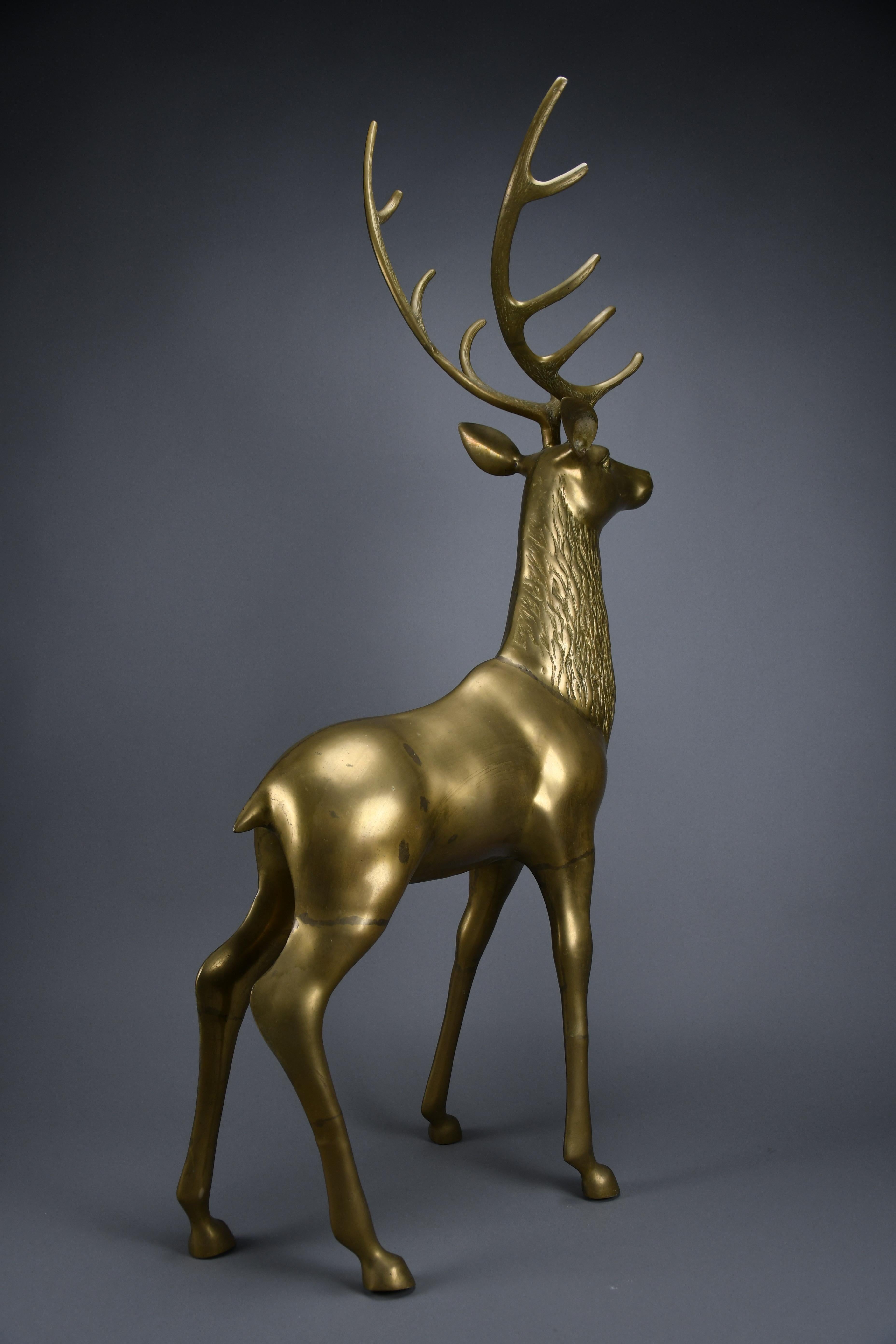 Brass Monumental 1970's Hollywood Regency brass deer pair attributed to Maison Jansen For Sale