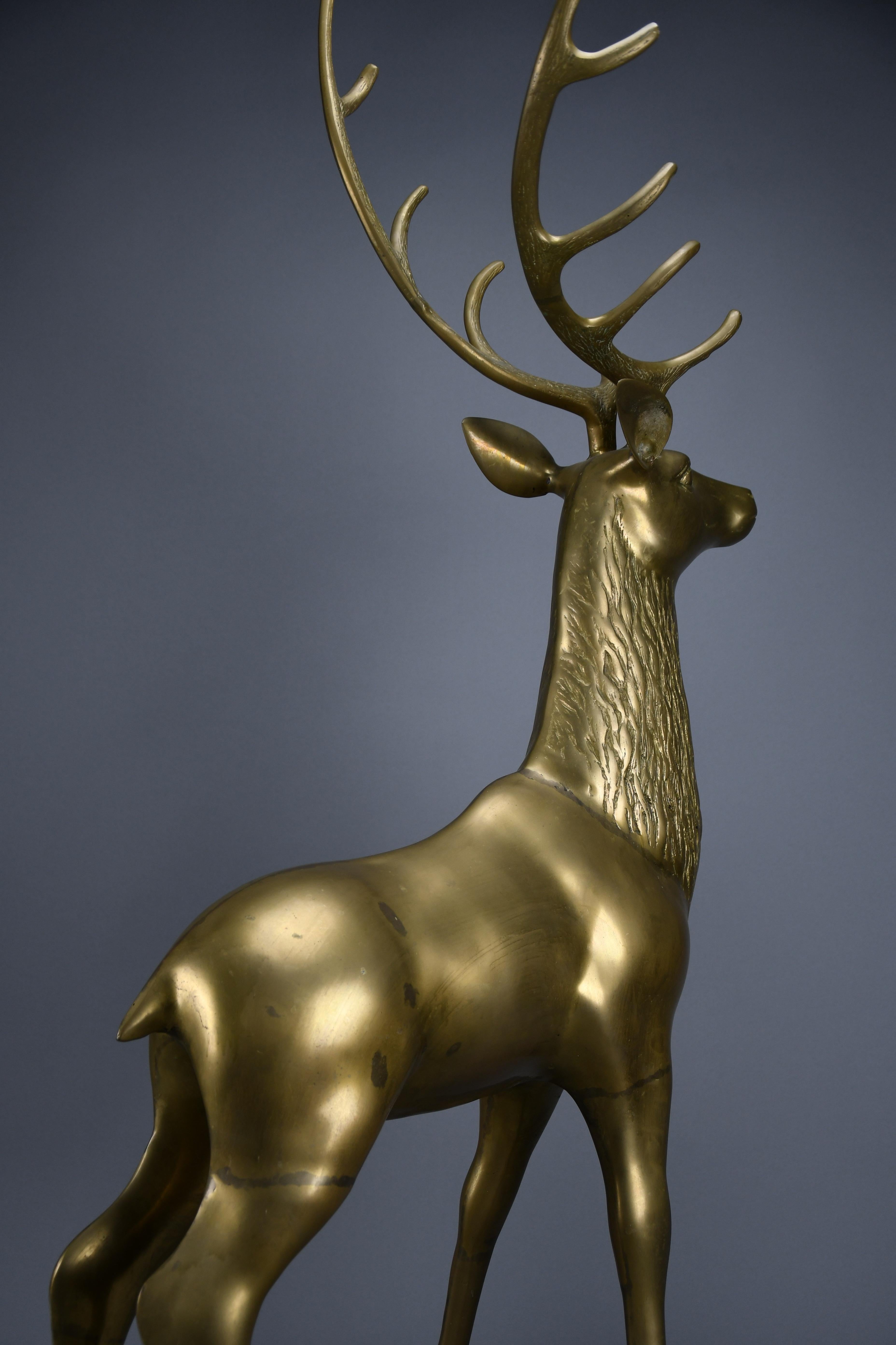 Monumental 1970's Hollywood Regency brass deer pair attributed to Maison Jansen For Sale 1